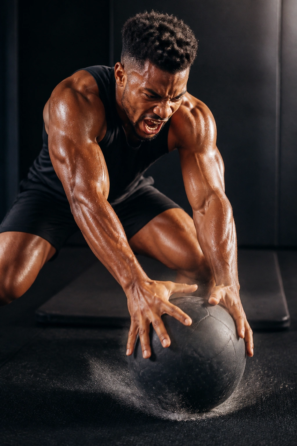 Athlete performing medicine ball slam in gym