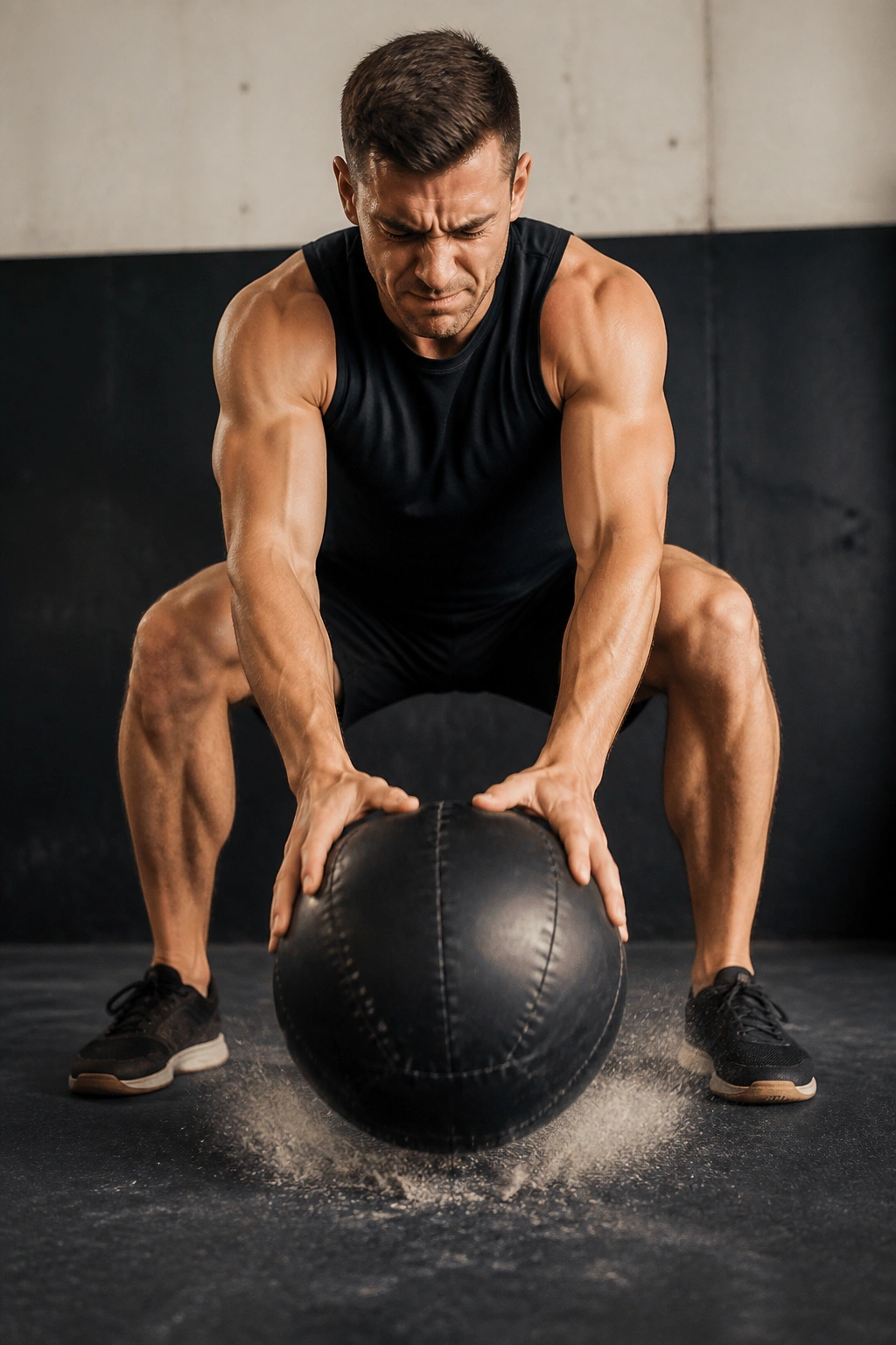 Person performing a medicine ball slam in a gym setting