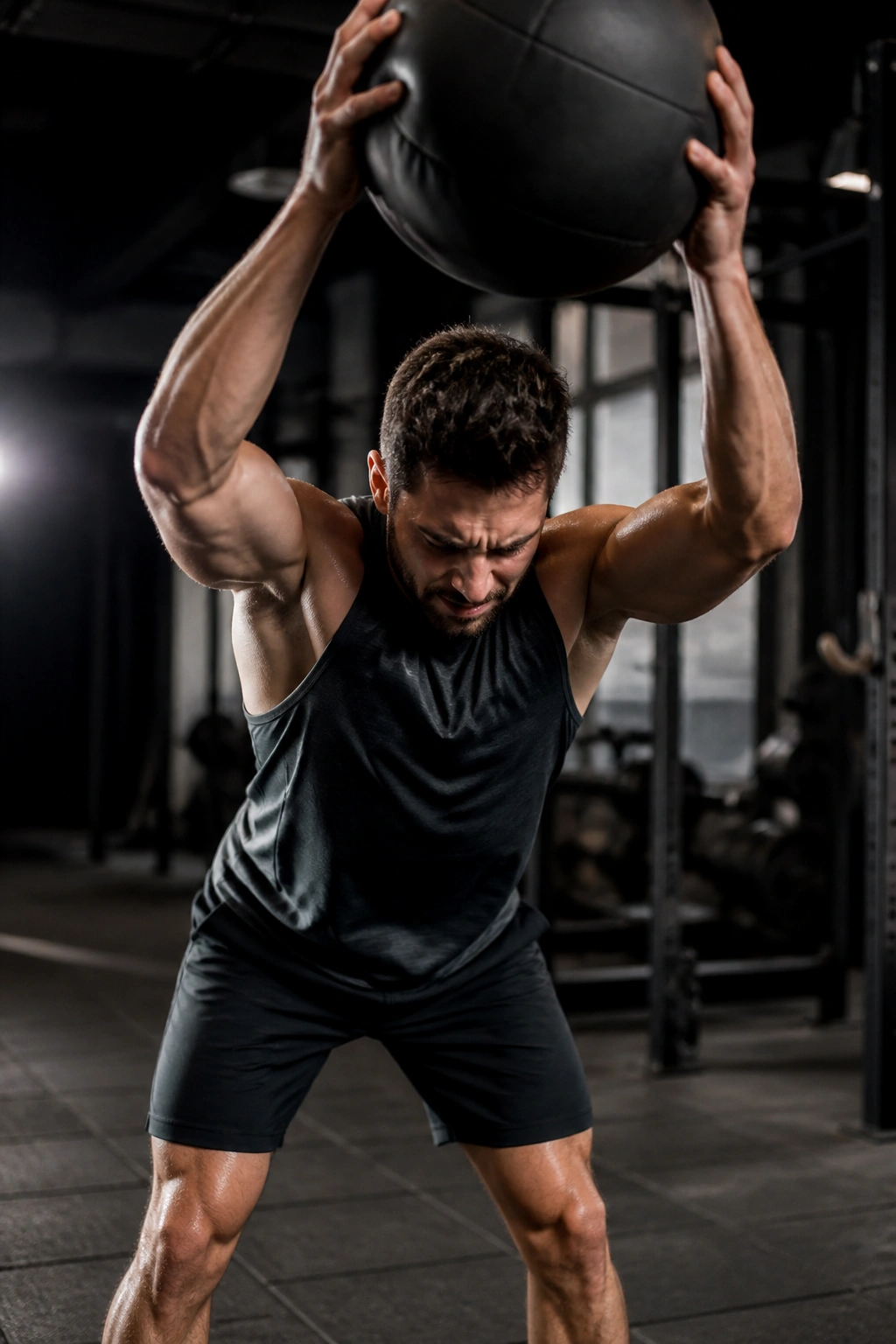 Medium close-up of athlete performing medicine ball slam in gym