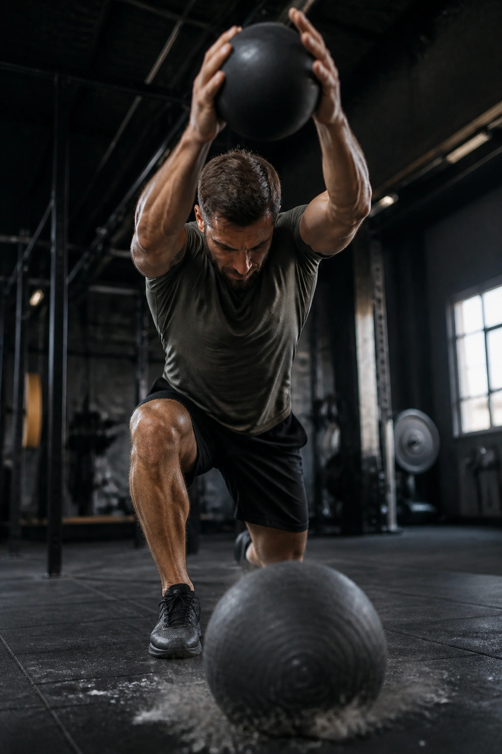 Athlete slamming a medicine ball on the gym floor