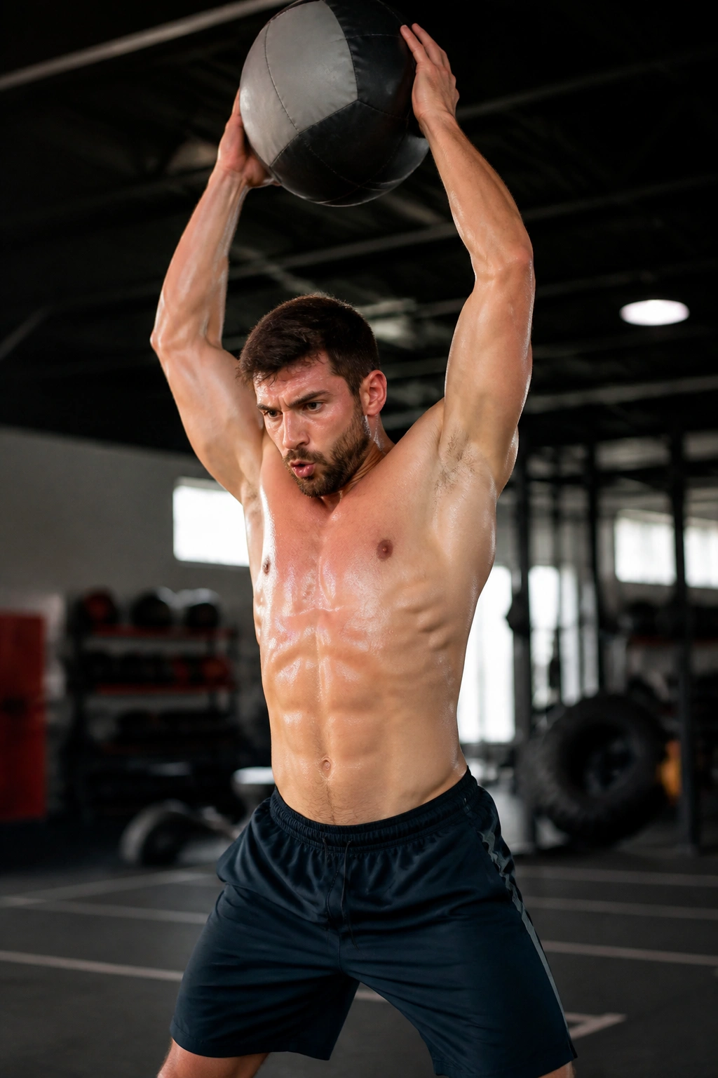 Athlete performing medicine ball overhead slam in gym