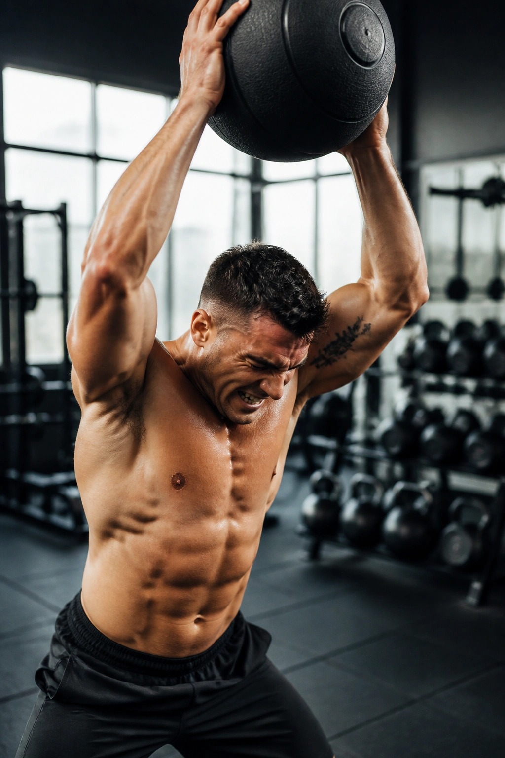 Close up of an athlete performing a medicine ball slam in a gym