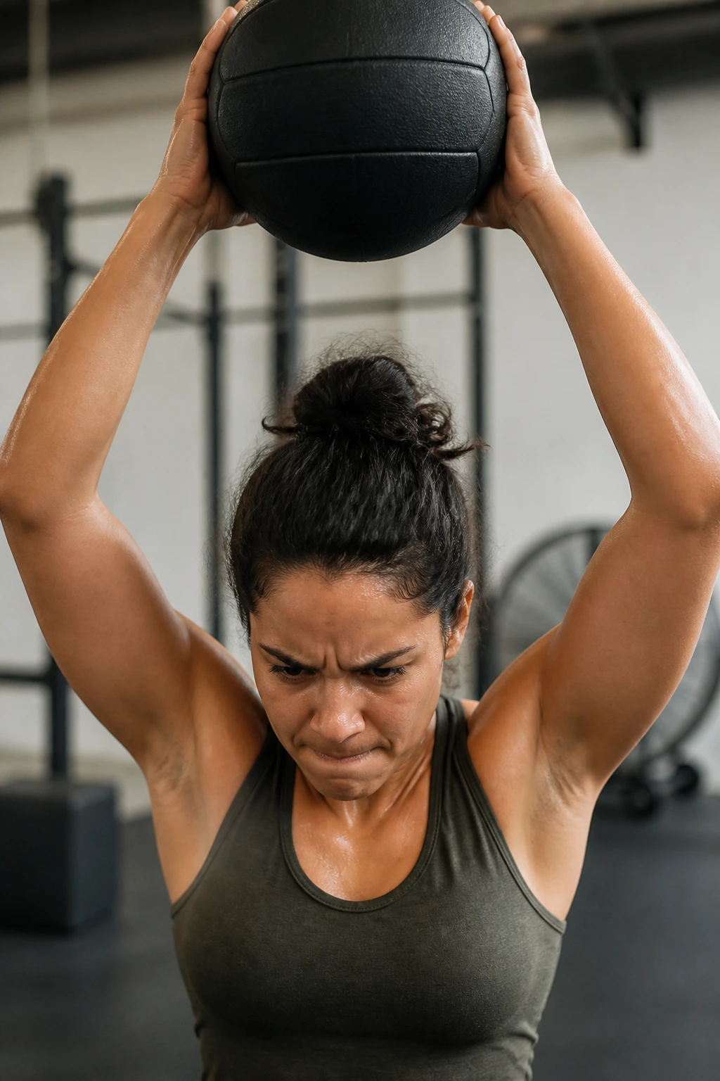Medium close-up of a person overhead with a medicine ball ready to slam in a gym