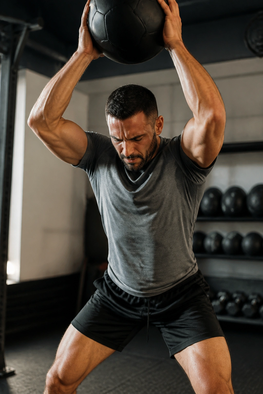Close-up of athlete performing medicine ball slam with overhead reach and braced core in gym