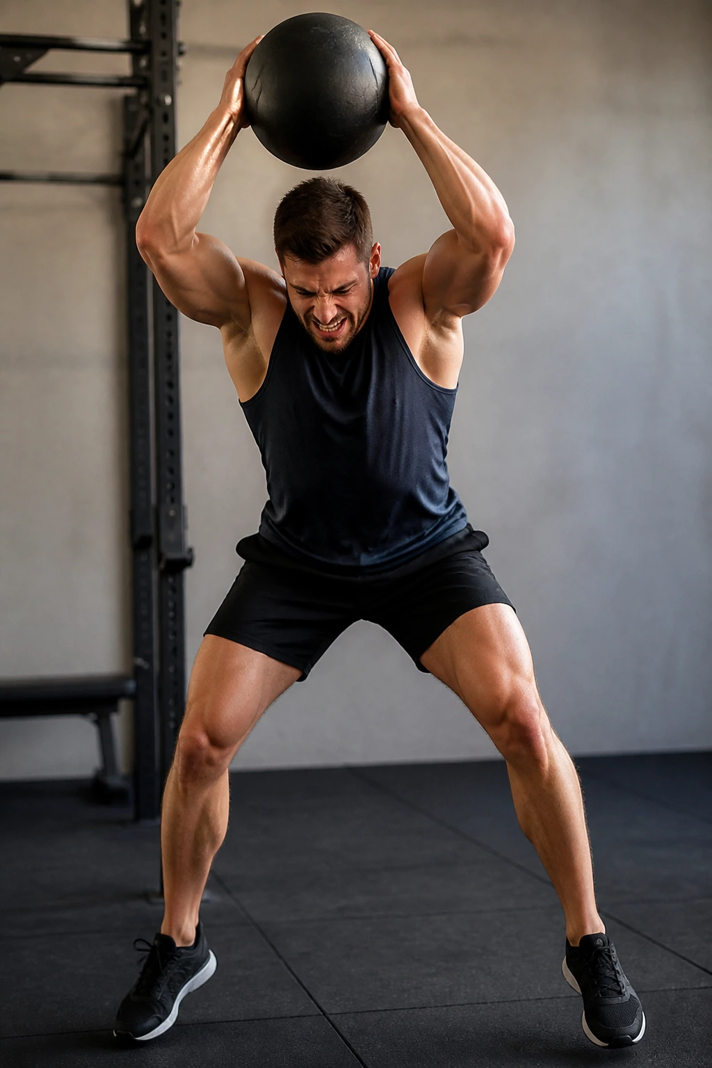 Medium close-up of a person performing overhead slam interval sprint with a medicine ball in a home gym