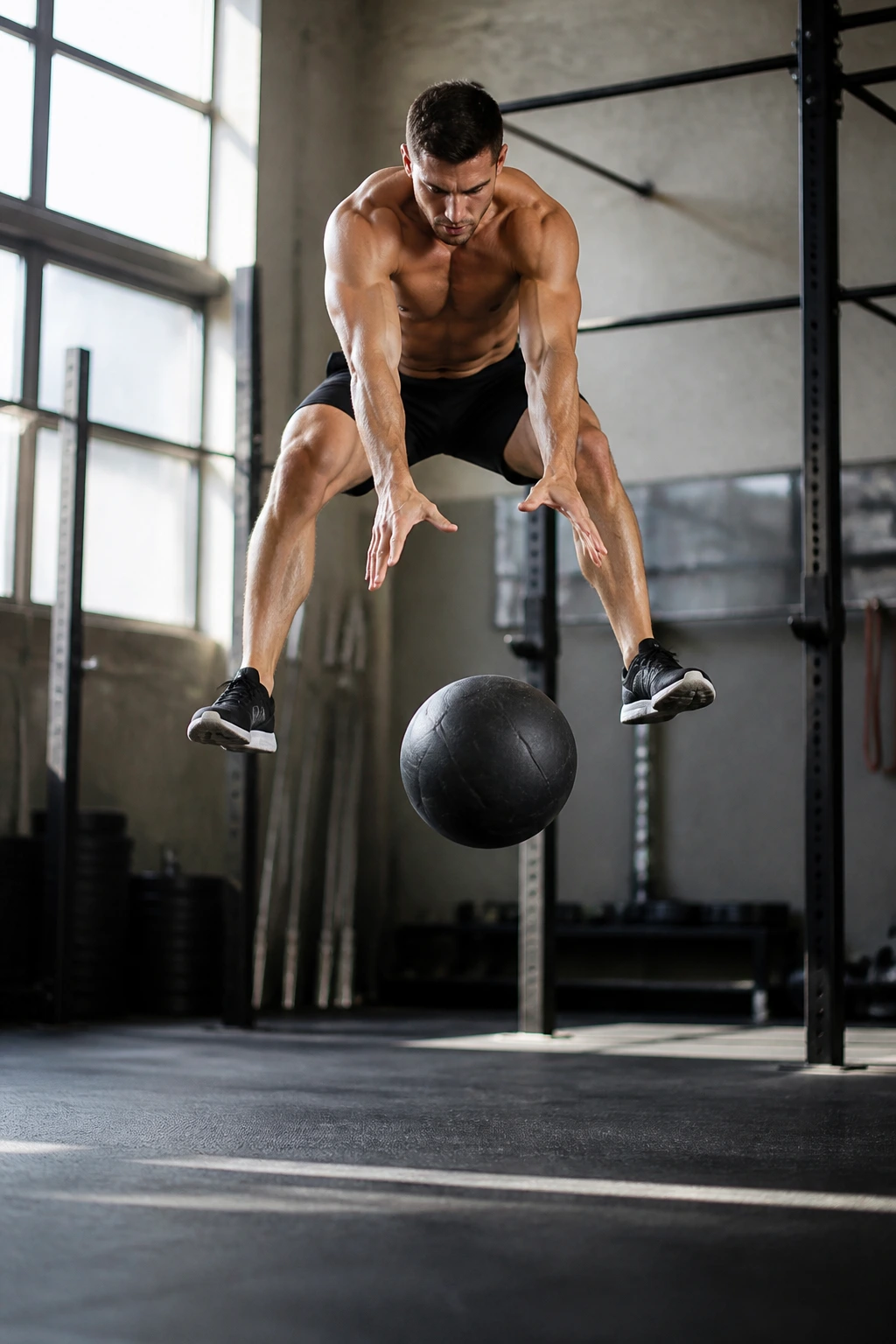 Athlete mid-air at apex performing medicine ball slam-jump with ball releasing
