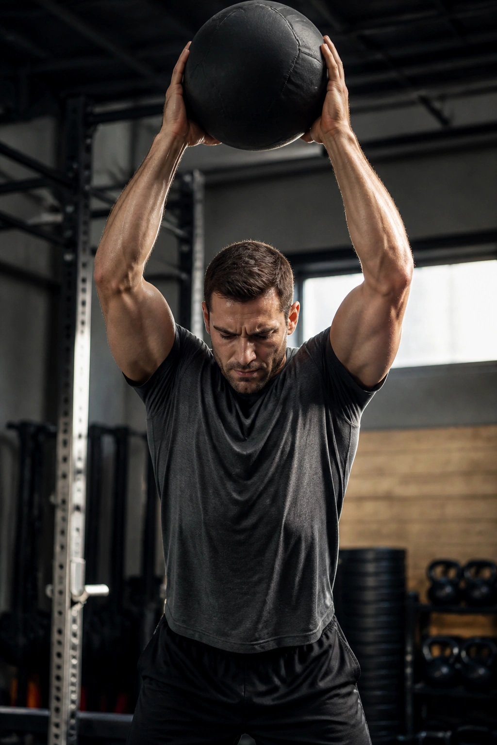 Athlete performing overhead medicine ball slam in gym