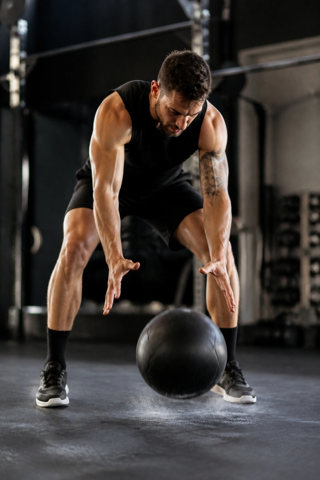 Person performing a medicine ball slam in gym