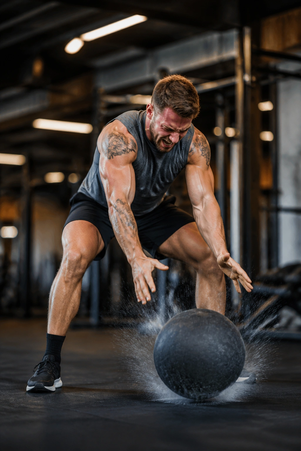 Athlete performing medicine ball slam in gym