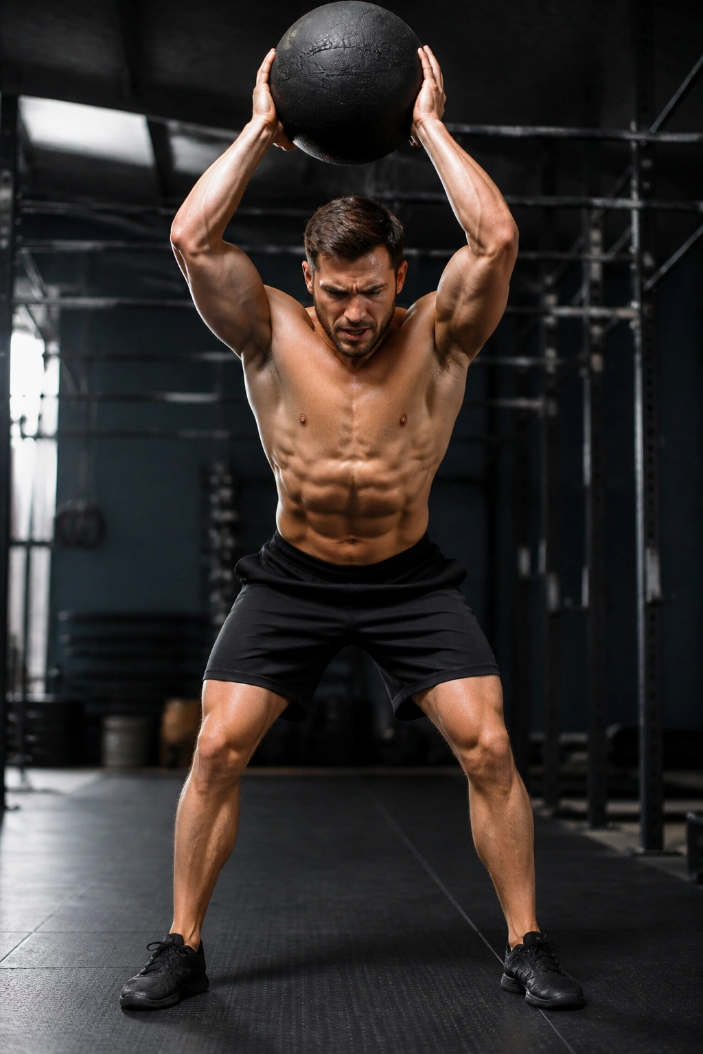 Athlete overhead slam with medicine ball in a gym