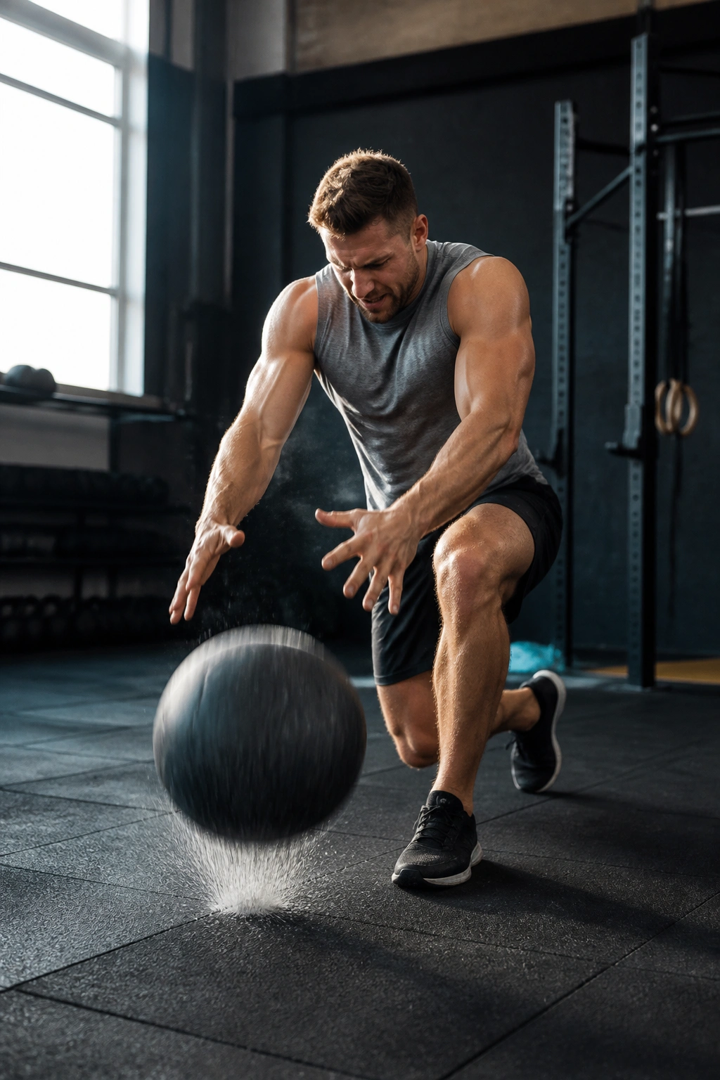 Dynamic shot of athlete performing med ball slam into reverse lunge