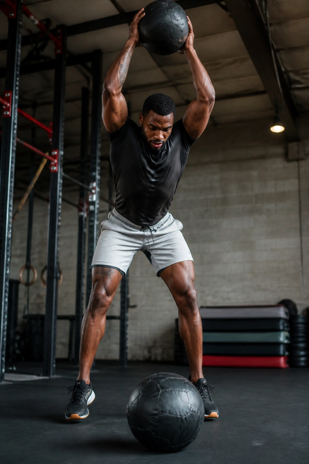 Person slamming a medicine ball on gym floor with engaged core.