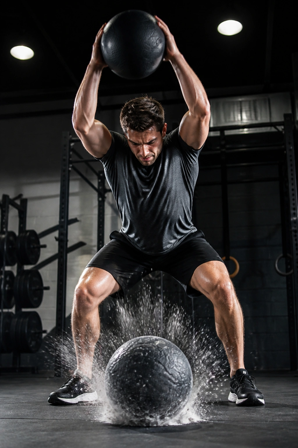 Athlete performing medicine ball slam in gym