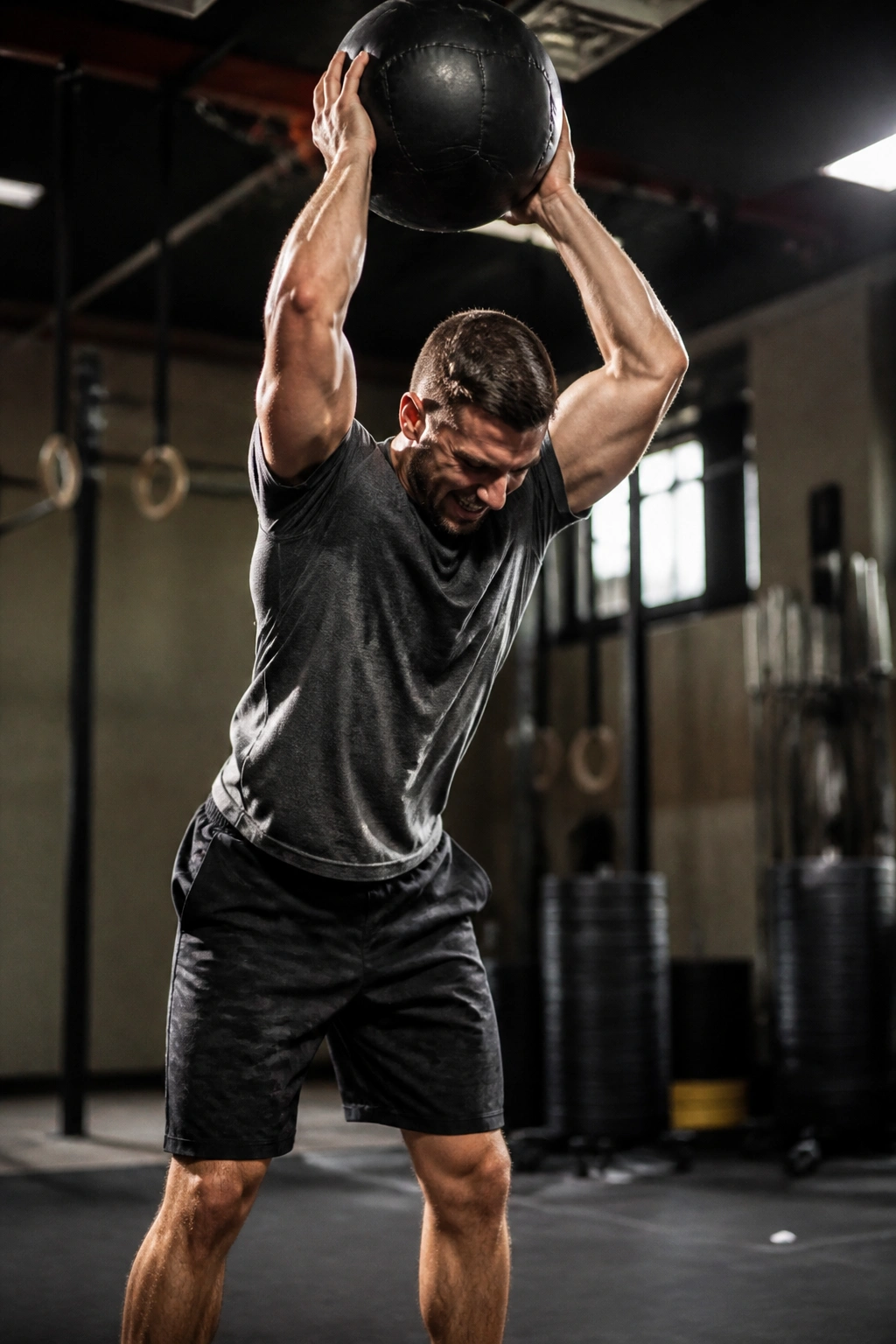 Close-up of athlete preparing to slam a medicine ball in gym, core and shoulders engaged