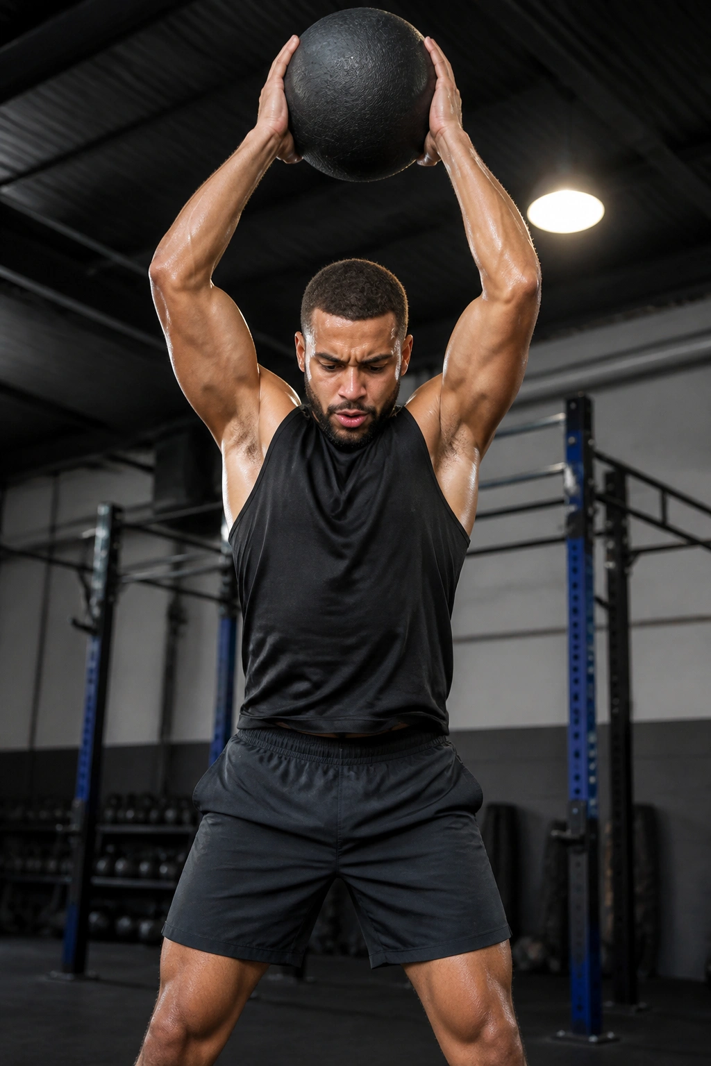 Person holding medicine ball overhead before slamming in gym