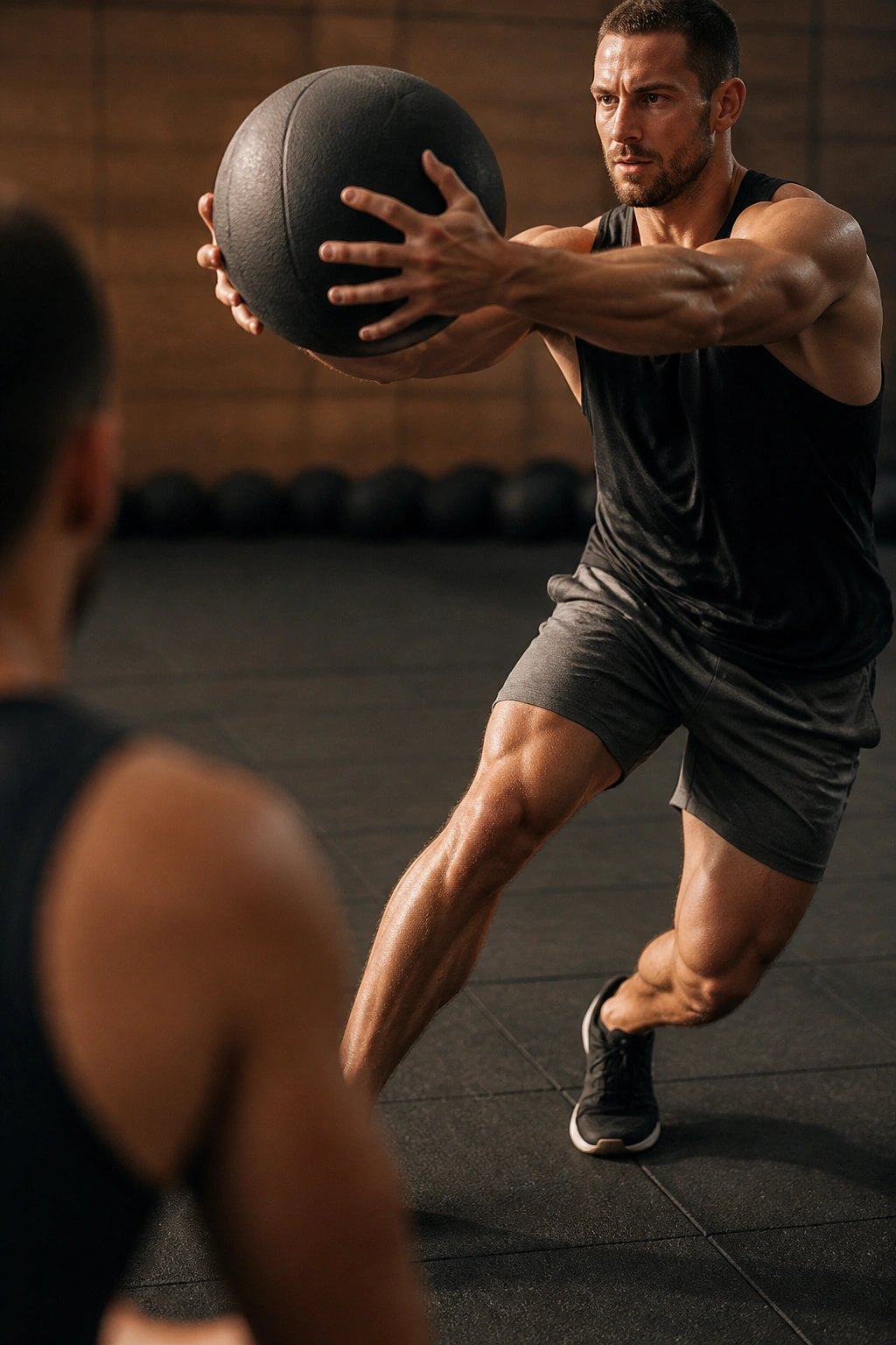 Athlete mid-toss with medicine ball on gym floor