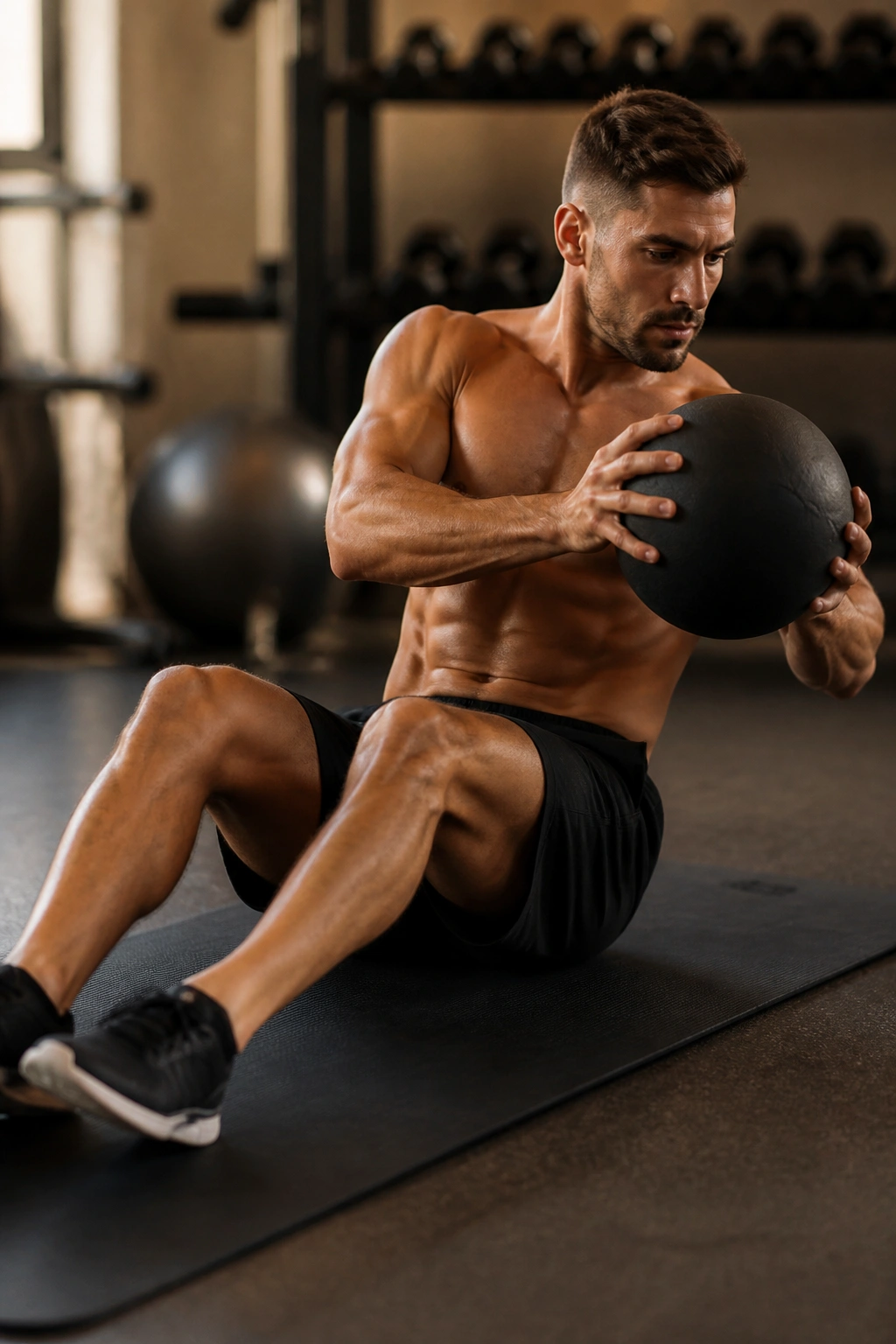 Torso-focused shot of medicine ball Russian twist highlighting obliques
