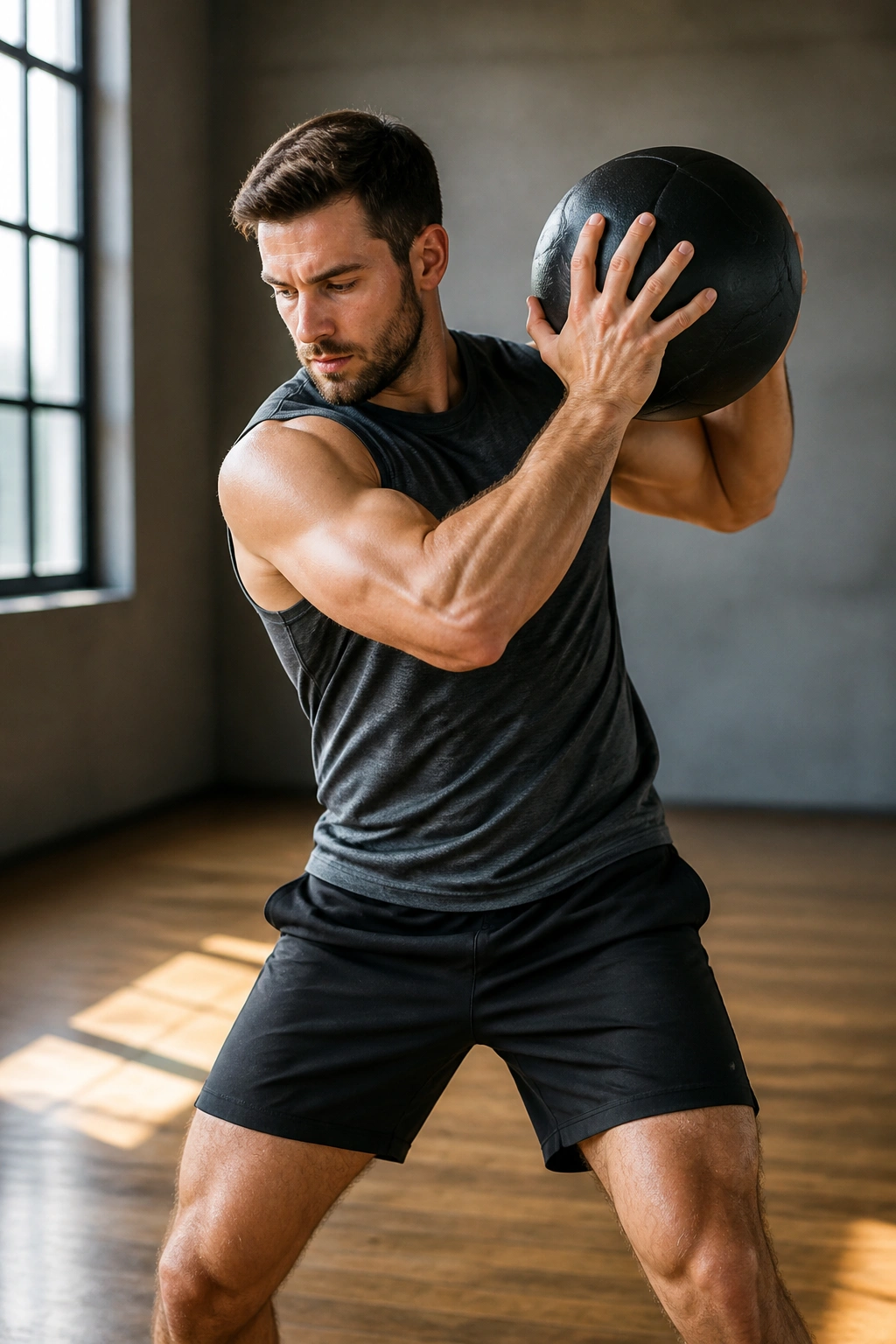 Athlete performing medicine ball wood chop in gym, torso twist with ball near shoulder