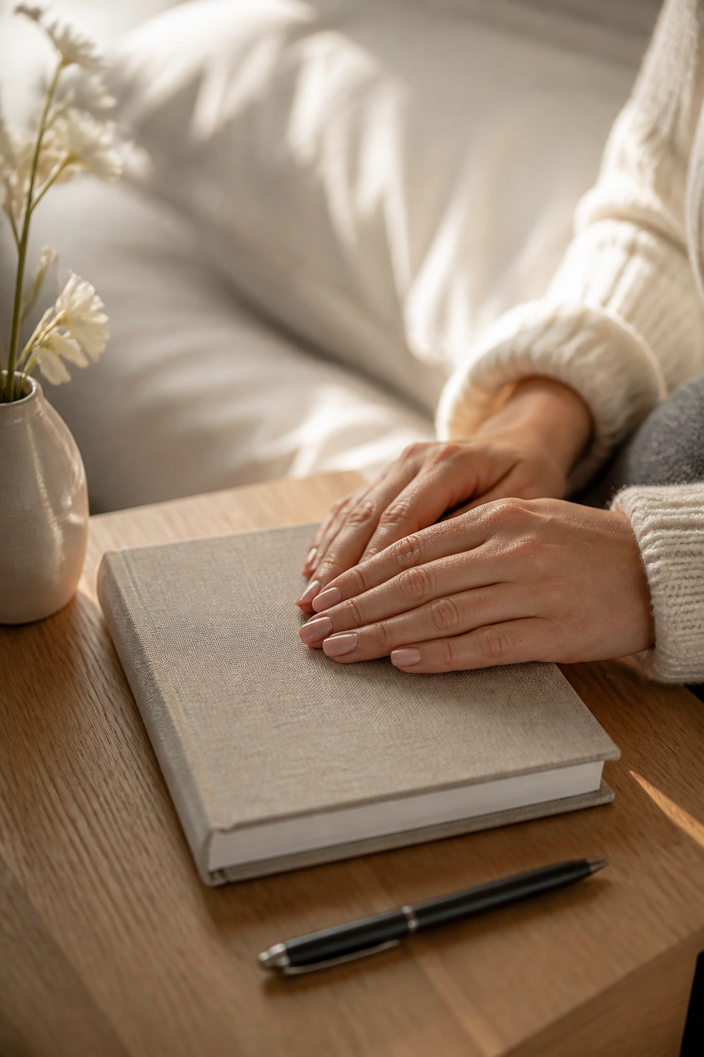 Hands on a closed memory journal on a bedside table
