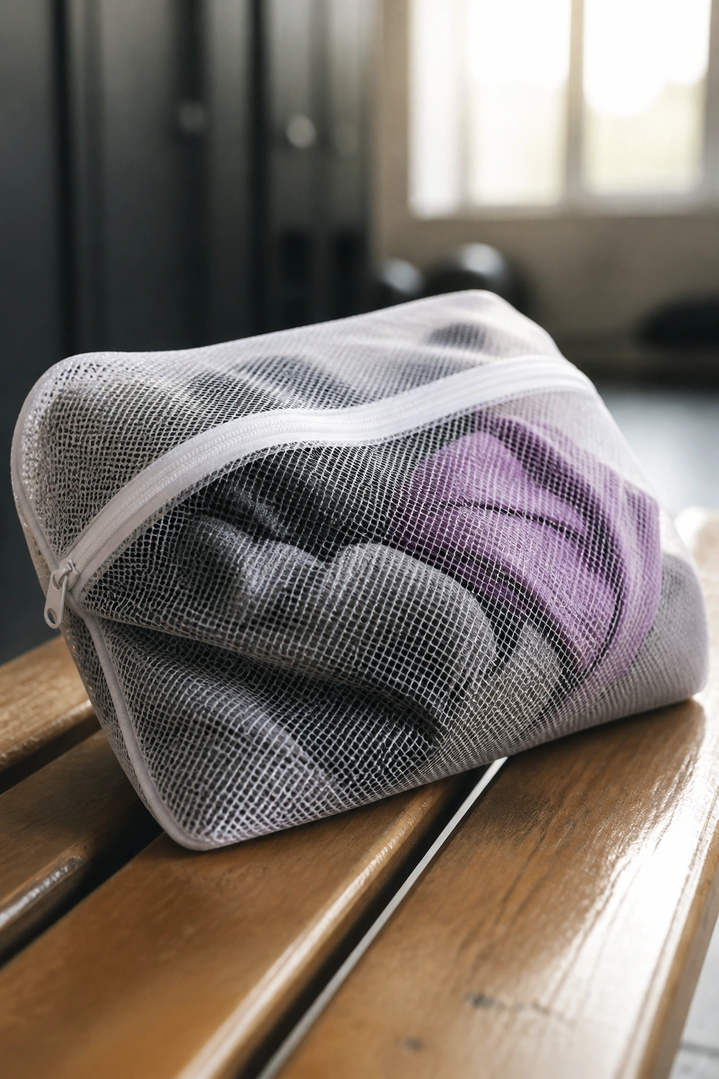 Close-up mesh laundry bag with damp clothes on a gym bench
