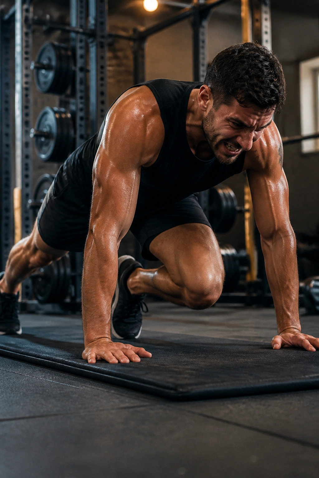 Athlete performing fast mountain climbers on a gym mat