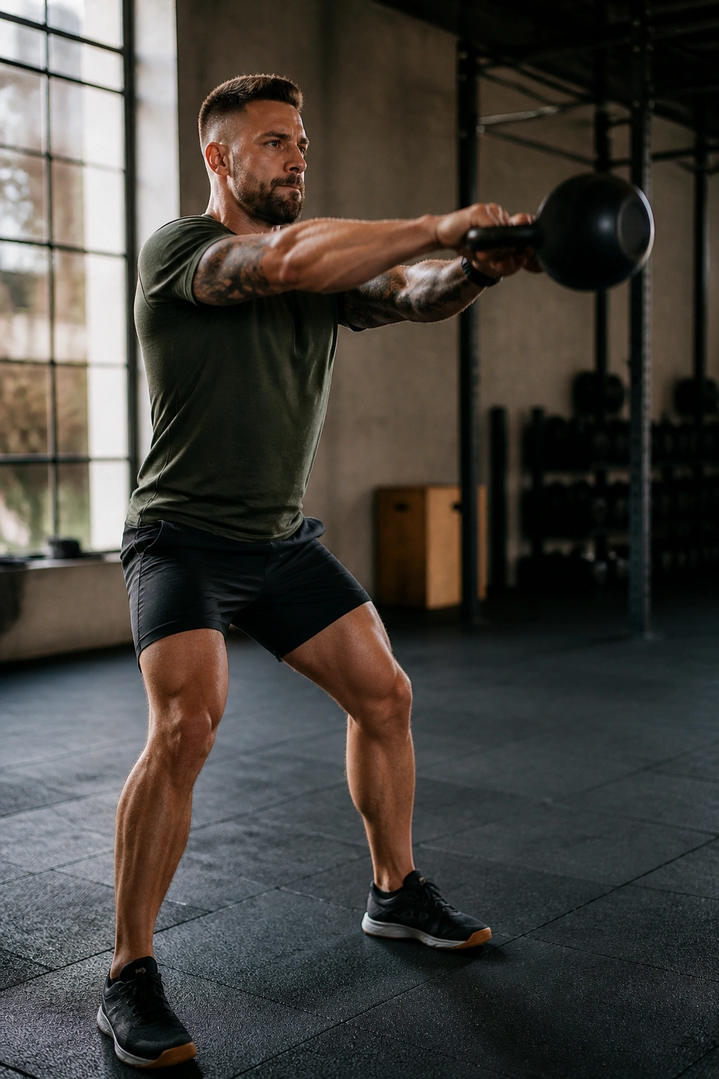 Athlete performing kettlebell swings during metcon