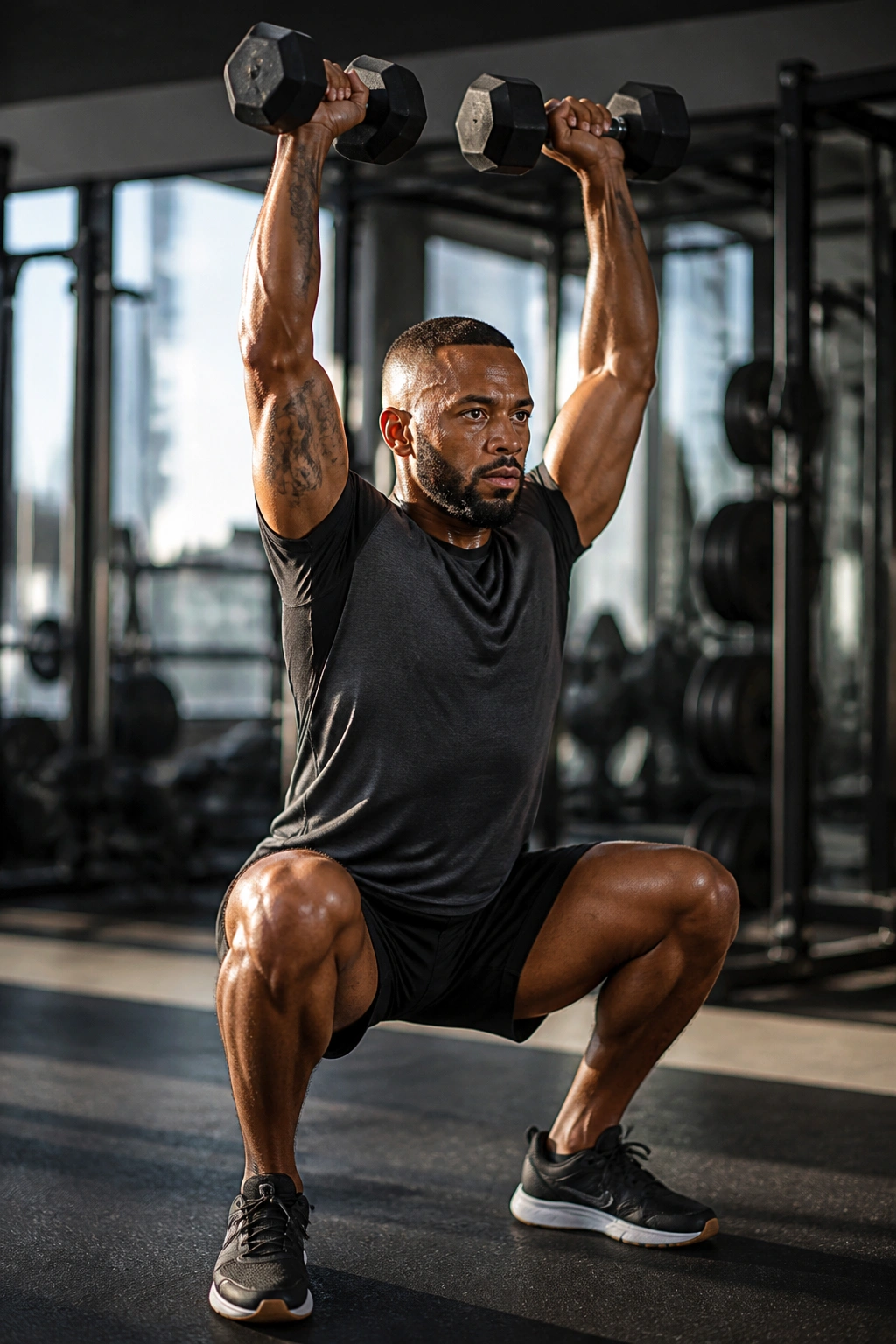 Athlete performing a fast-paced strength move combining squat and press in a gym