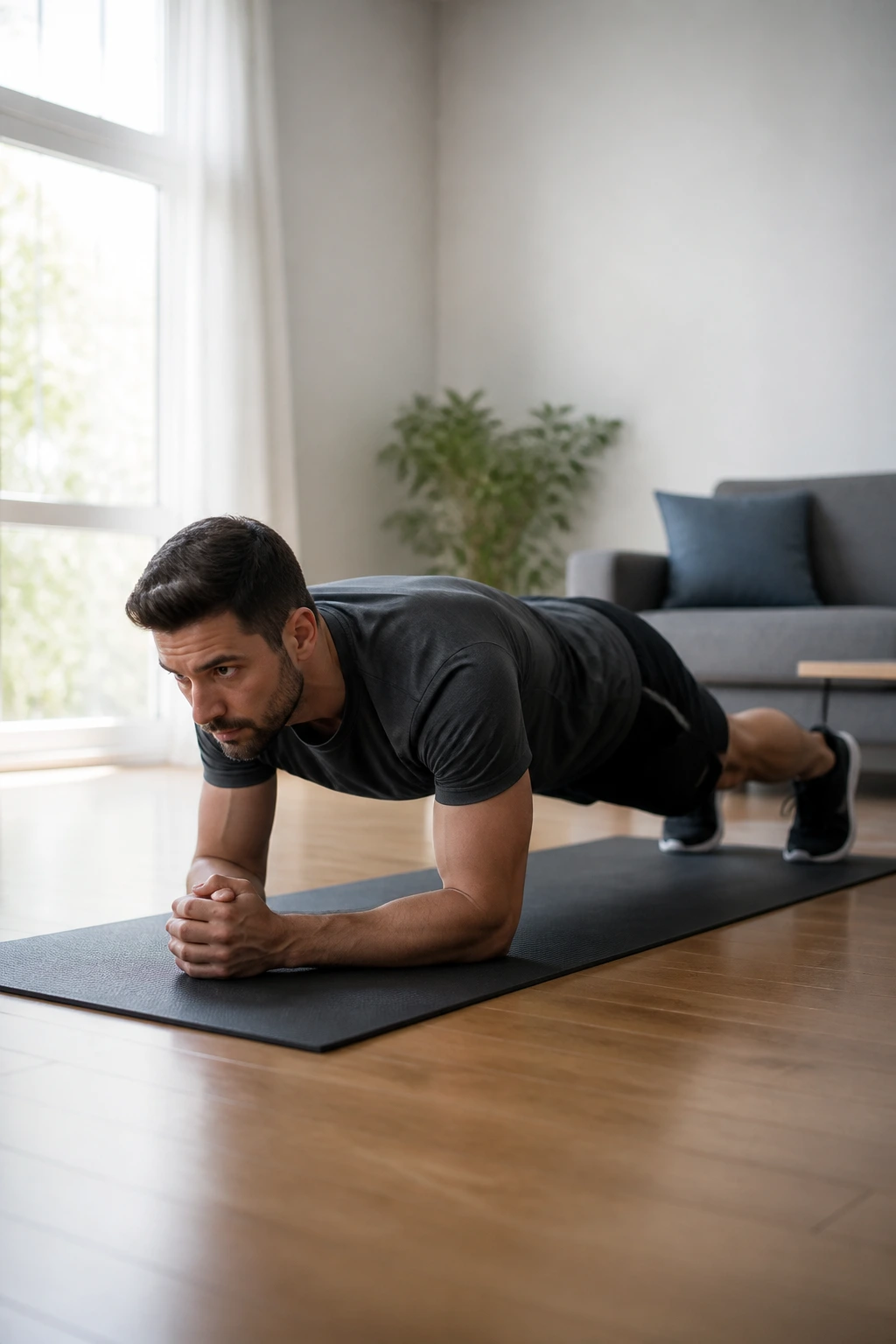 Real person holding a plank during a 10-minute micro-circuit in a bright living room