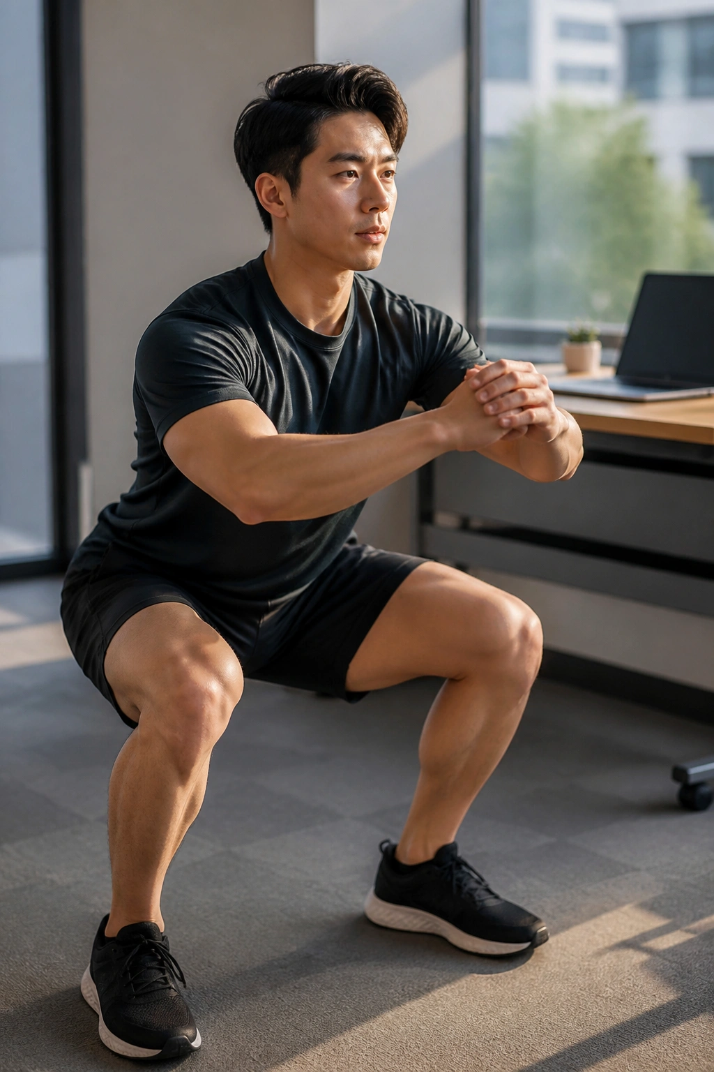 Person performing quick squats in a small office space during lunch break