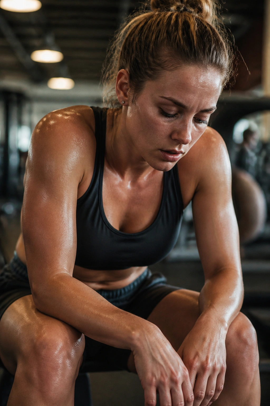 Close-up of a fatigued person pausing during a workout in a gym