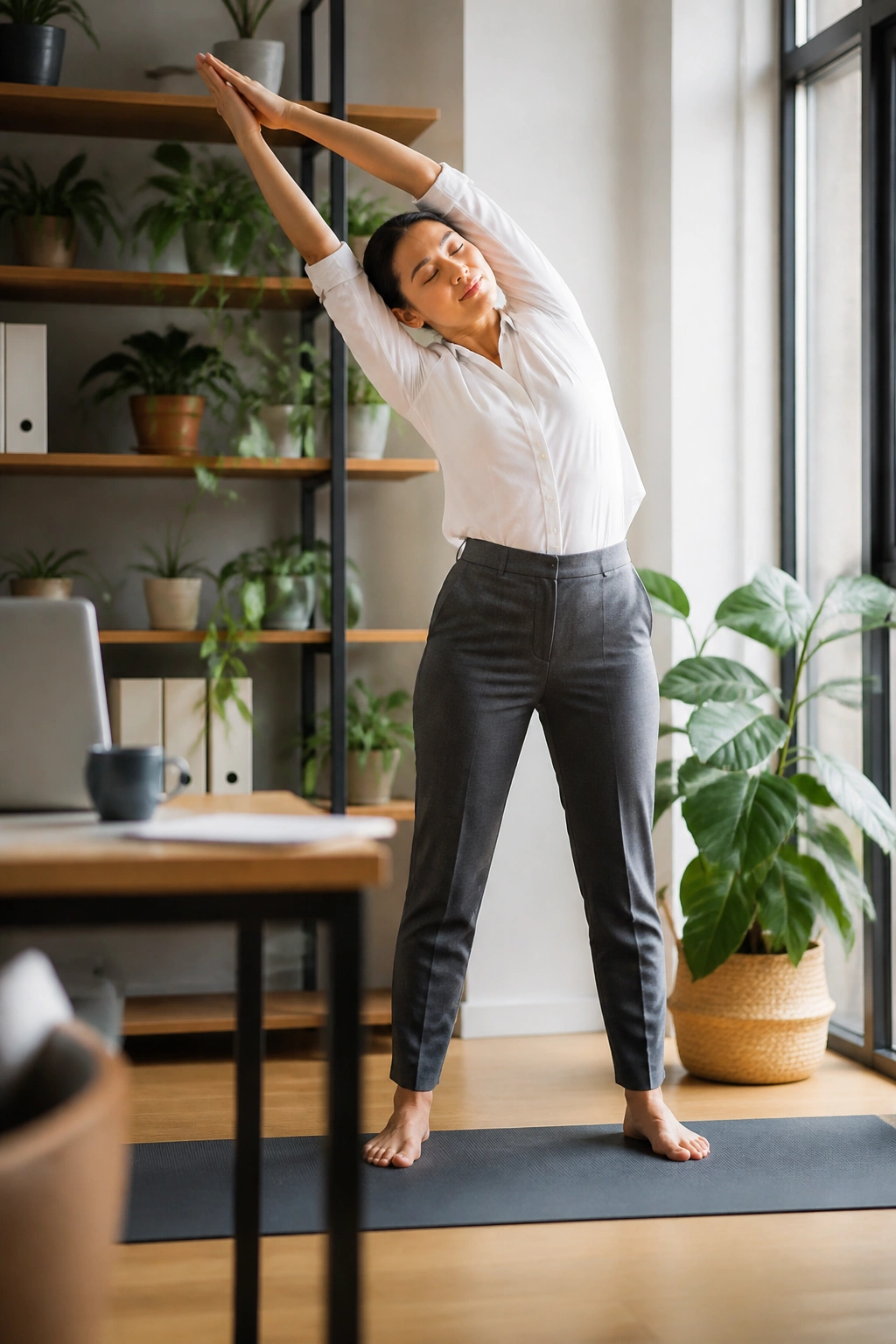 Real person doing midday energy reset in an office with standing breaths and side bends