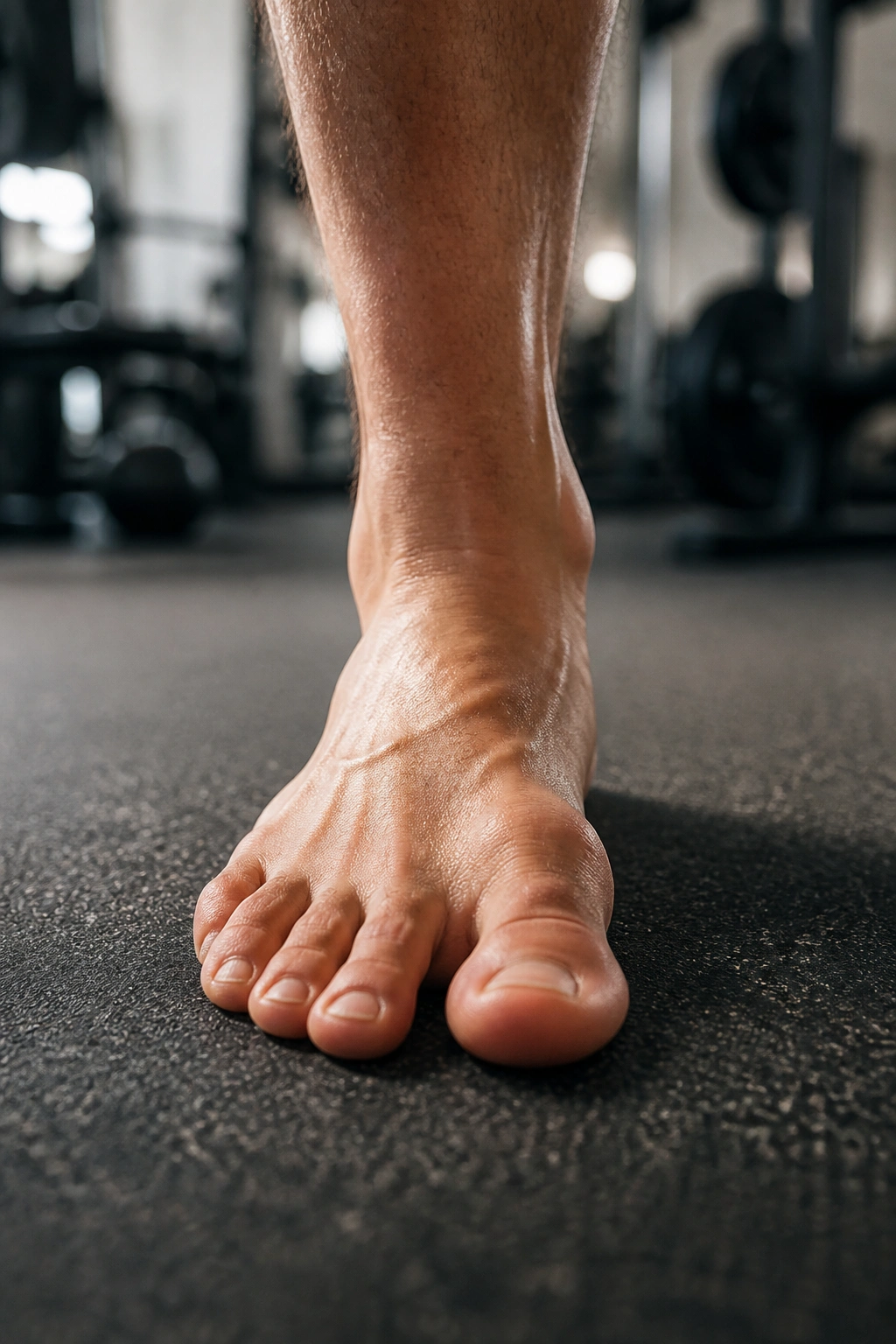 Close-up of foot showing tripod contact points on gym floor