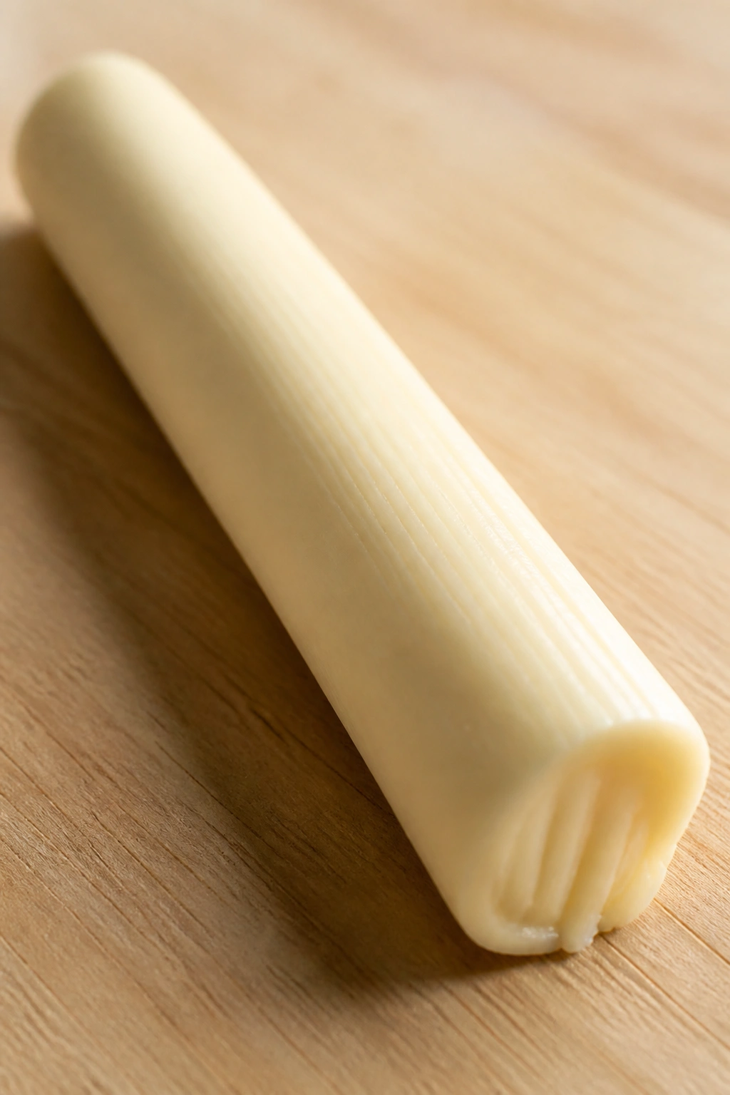 Close-up of a string cheese stick on a wooden board