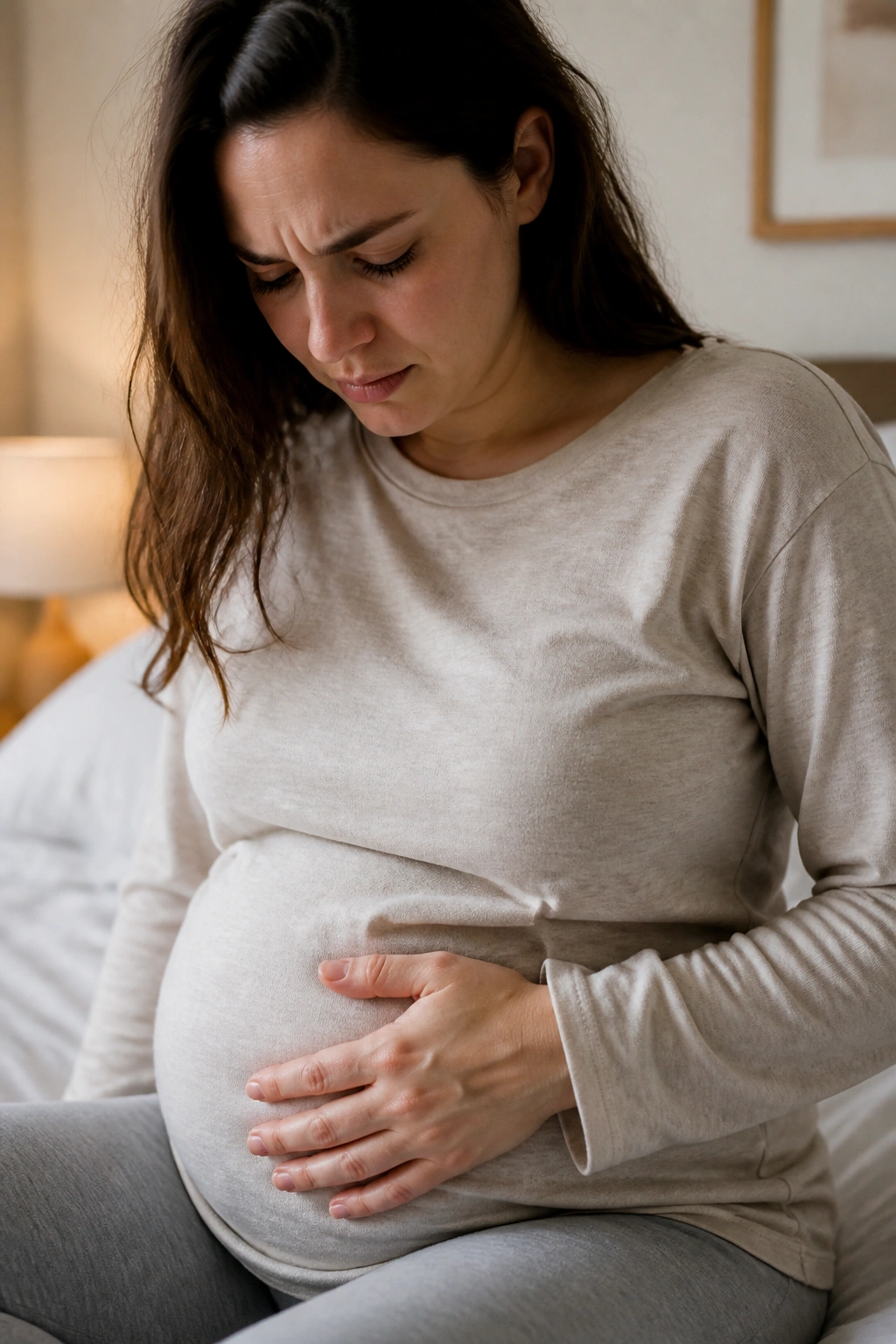 Close-up of a pregnant person's torso with hand on lower abdomen