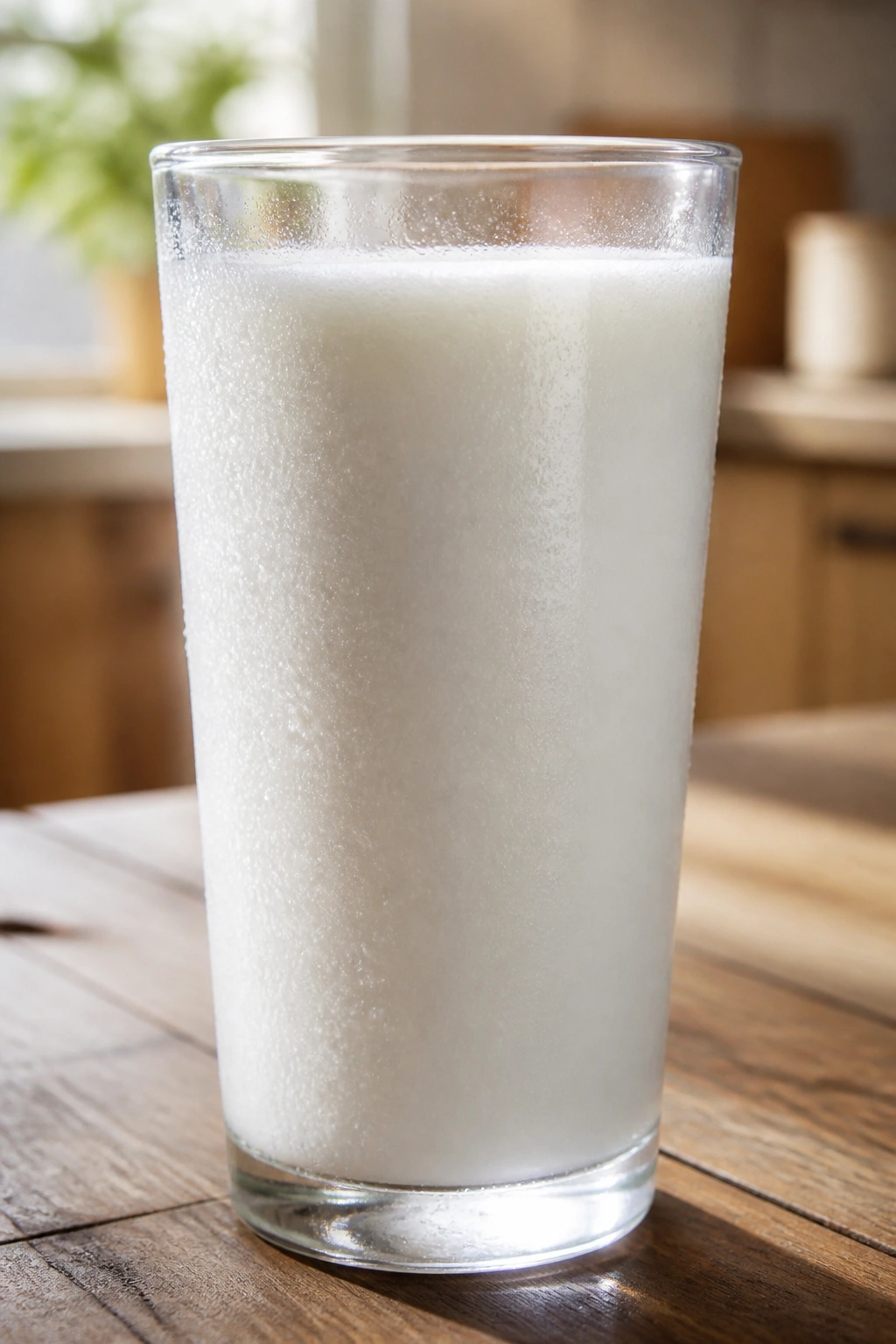 Close-up of glass of milk with condensation on a wooden table