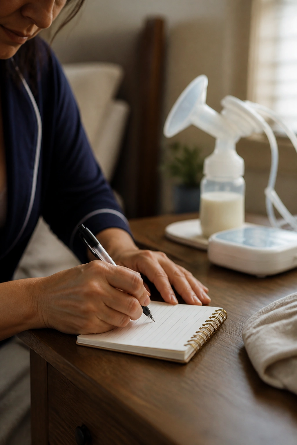 Close-up of a mom's hands writing in a notebook beside a blurred breast pump in a cozy bedroom.