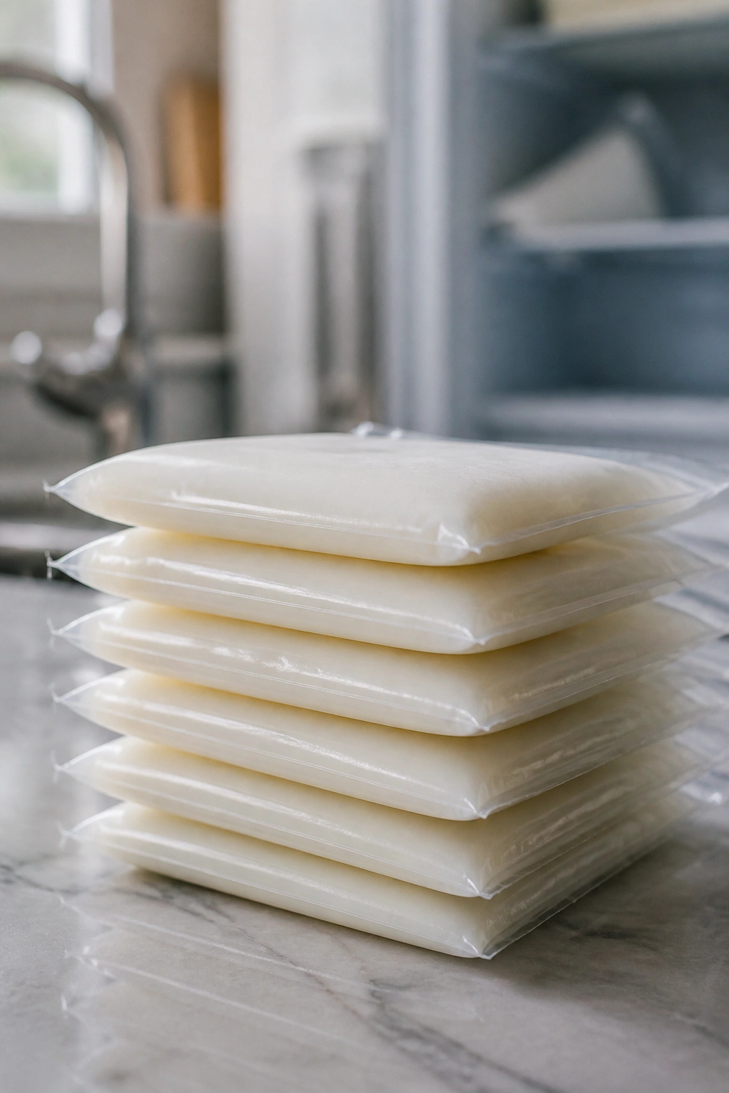 Small stack of unlabeled milk storage bags on a kitchen counter.