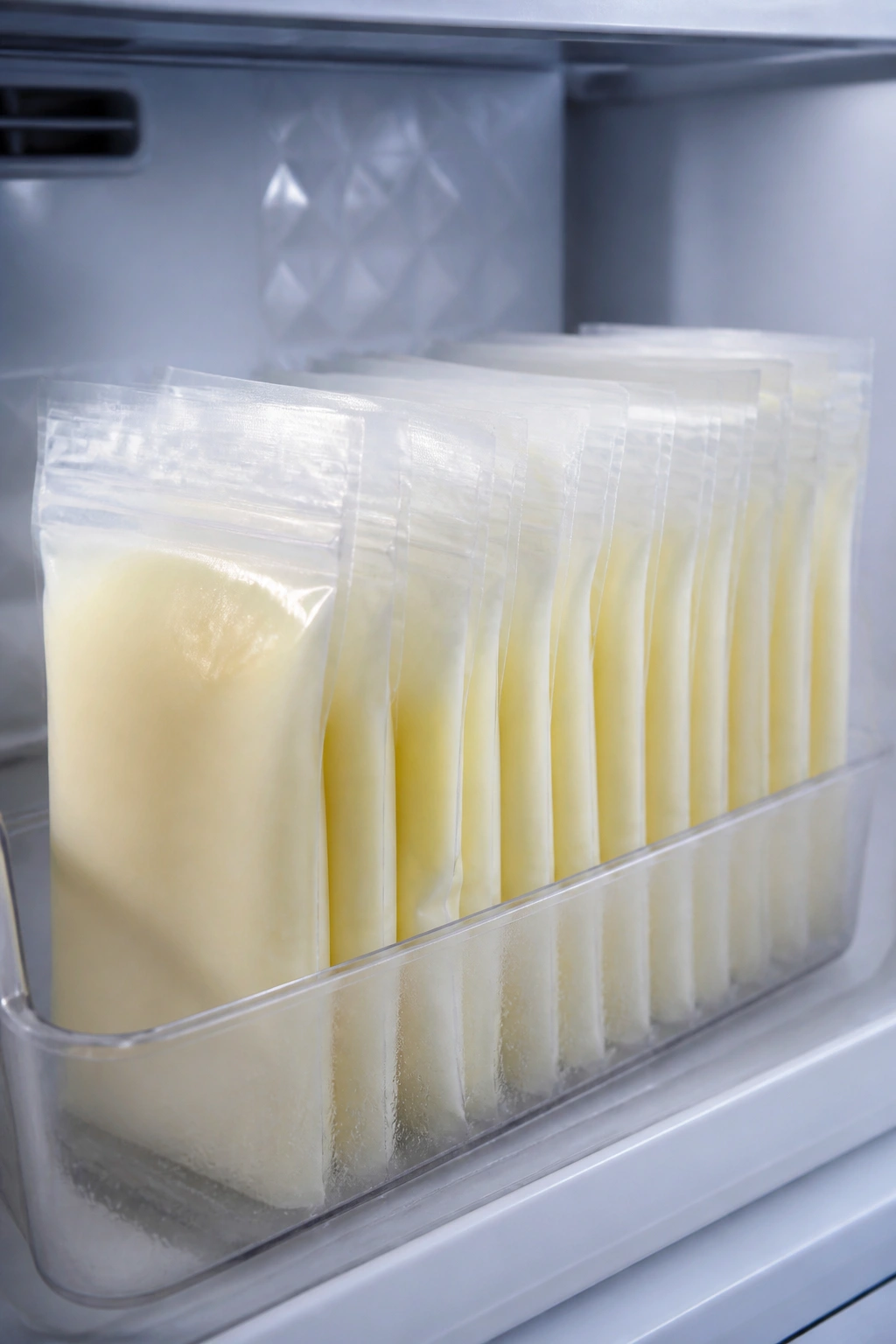 Close-up of flat milk bags stacked upright in a freezer bin