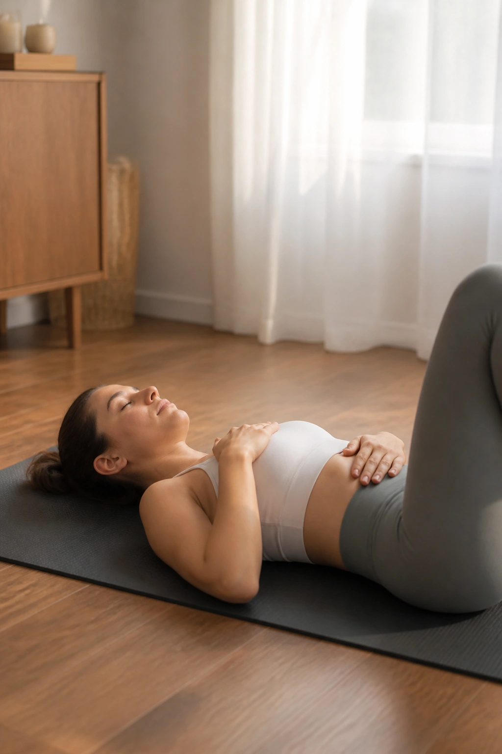 Person practicing mindful breathing on a Pilates mat in a calm room