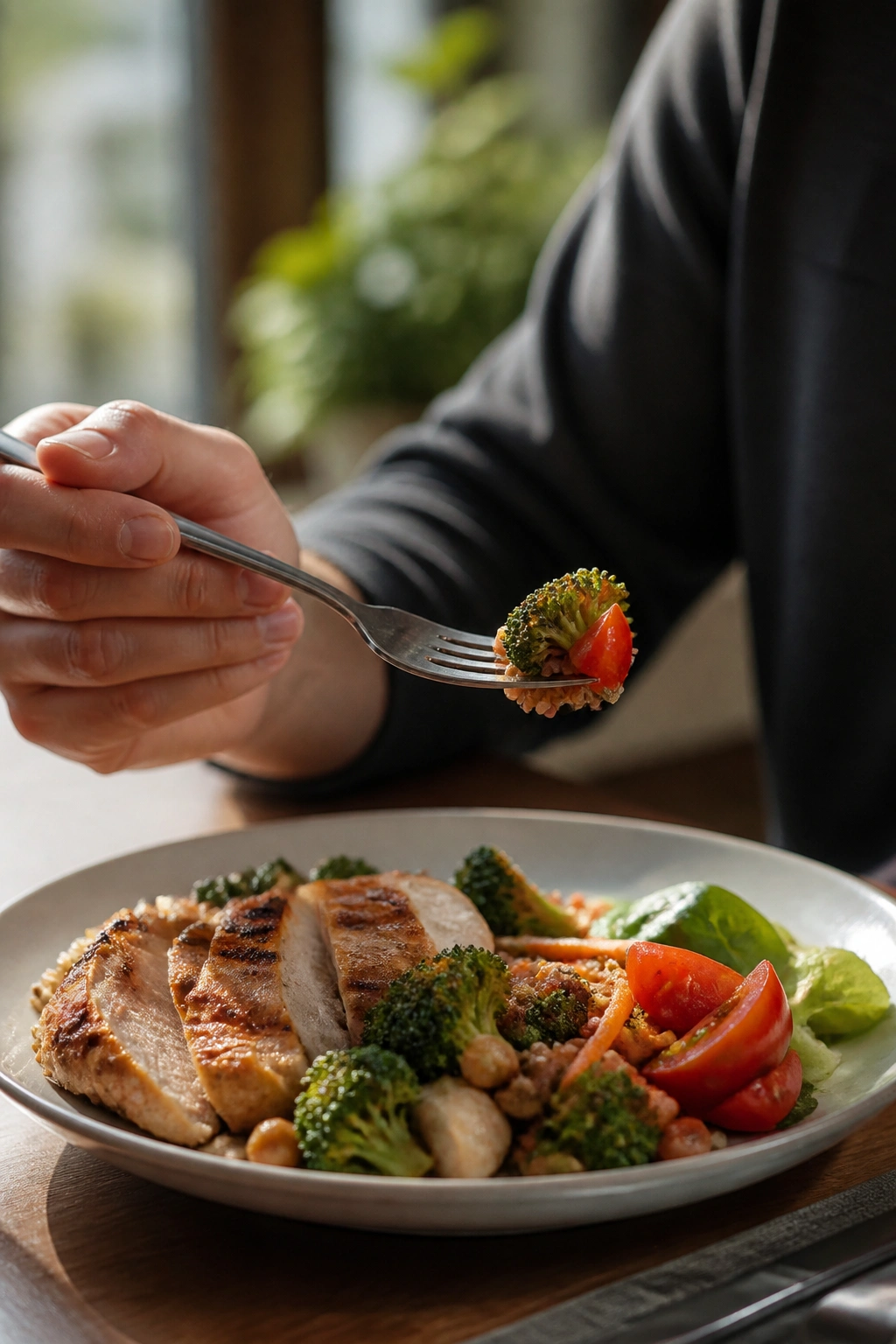 Hand with fork paused over a plate, signaling mindful eating.