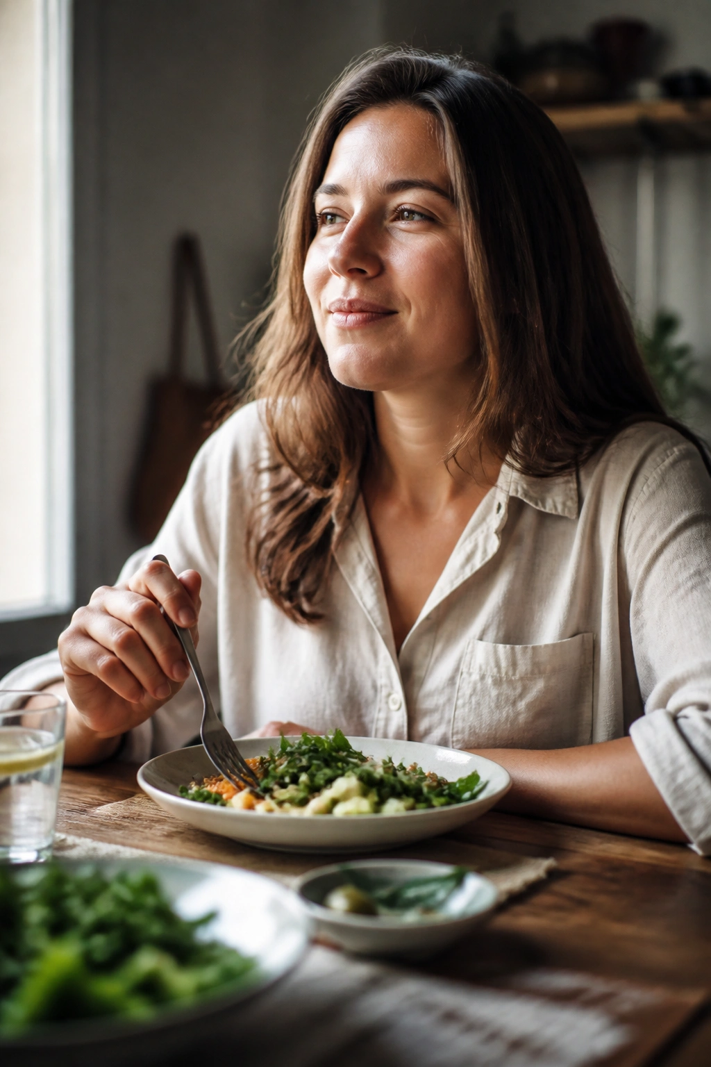 Close-up portrait of a real person eating slowly at a table