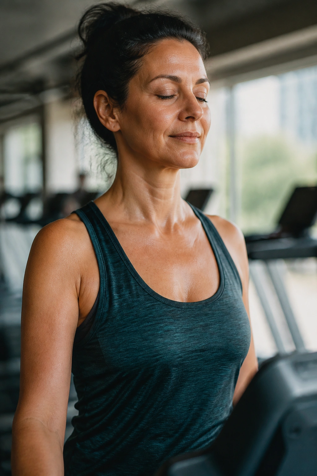 Calm person walking mindfully on a treadmill