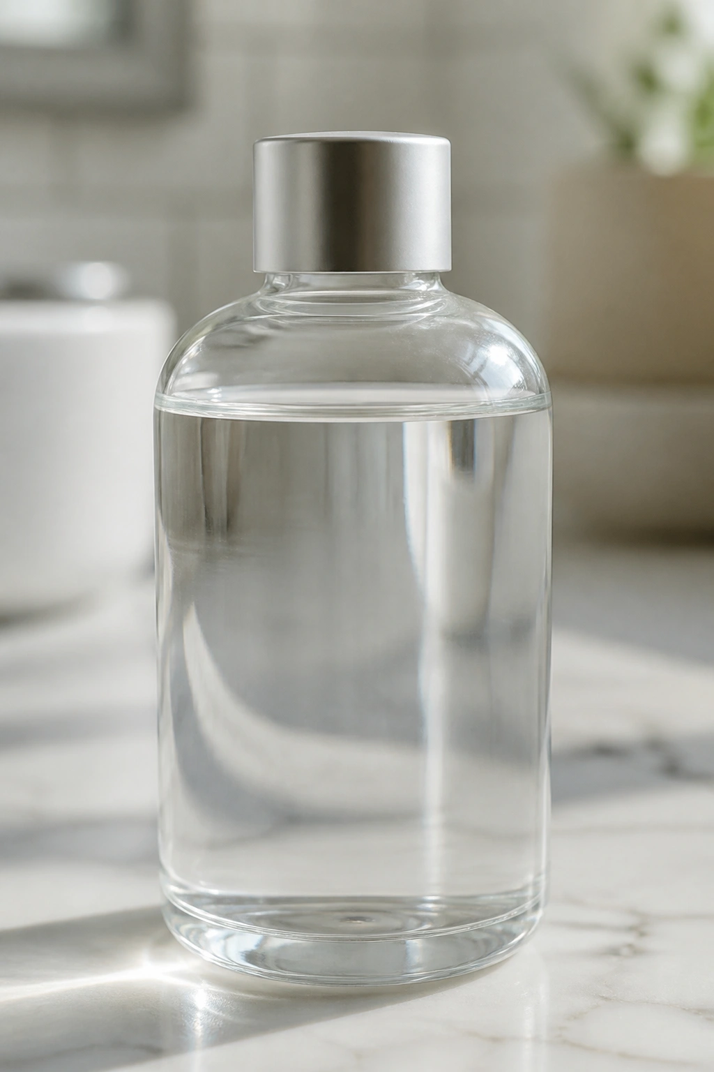 Close-up of mineral oil bottle on bathroom counter