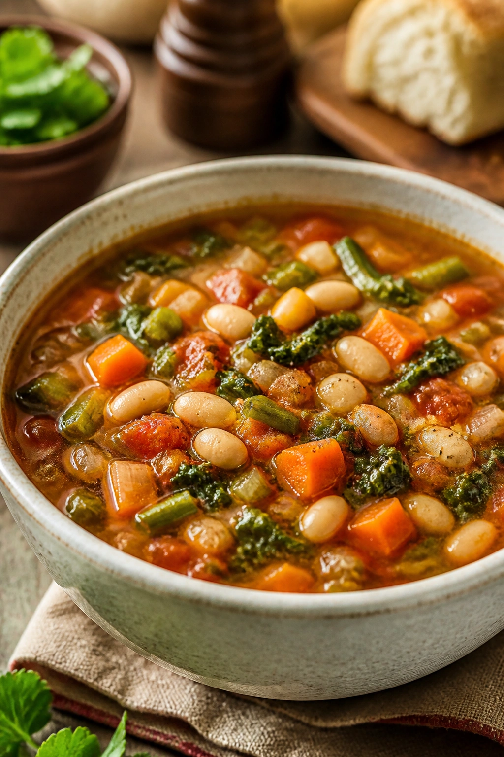 Close-up of veggie minestrone with white beans in a bowl