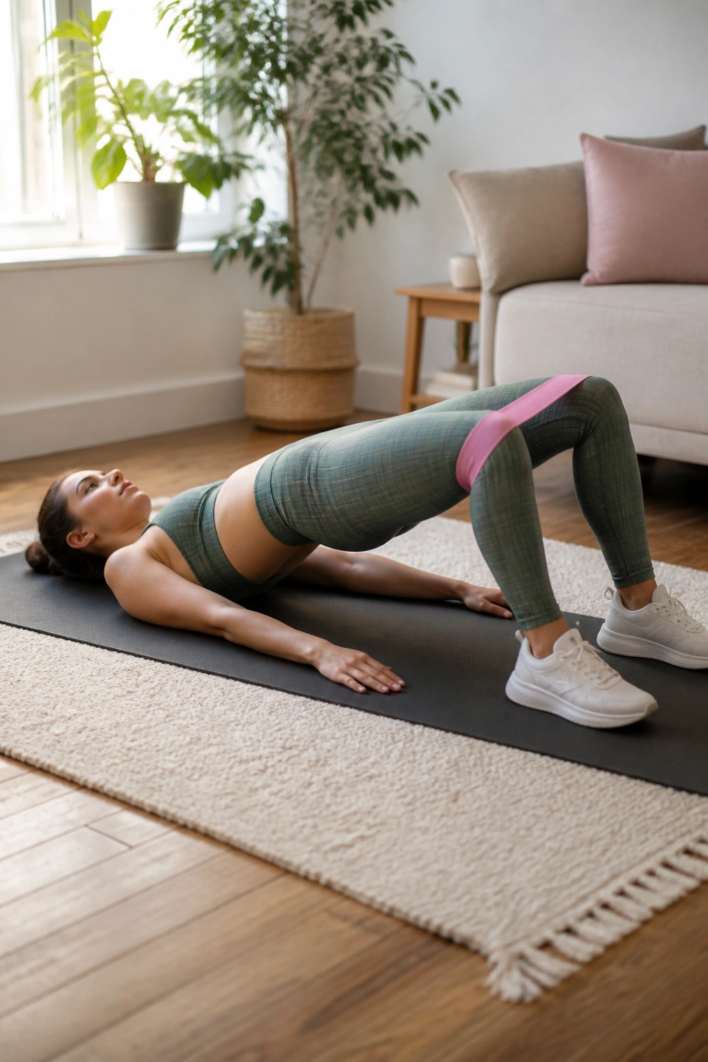 Real person performing a mini-band glute bridge on a mat