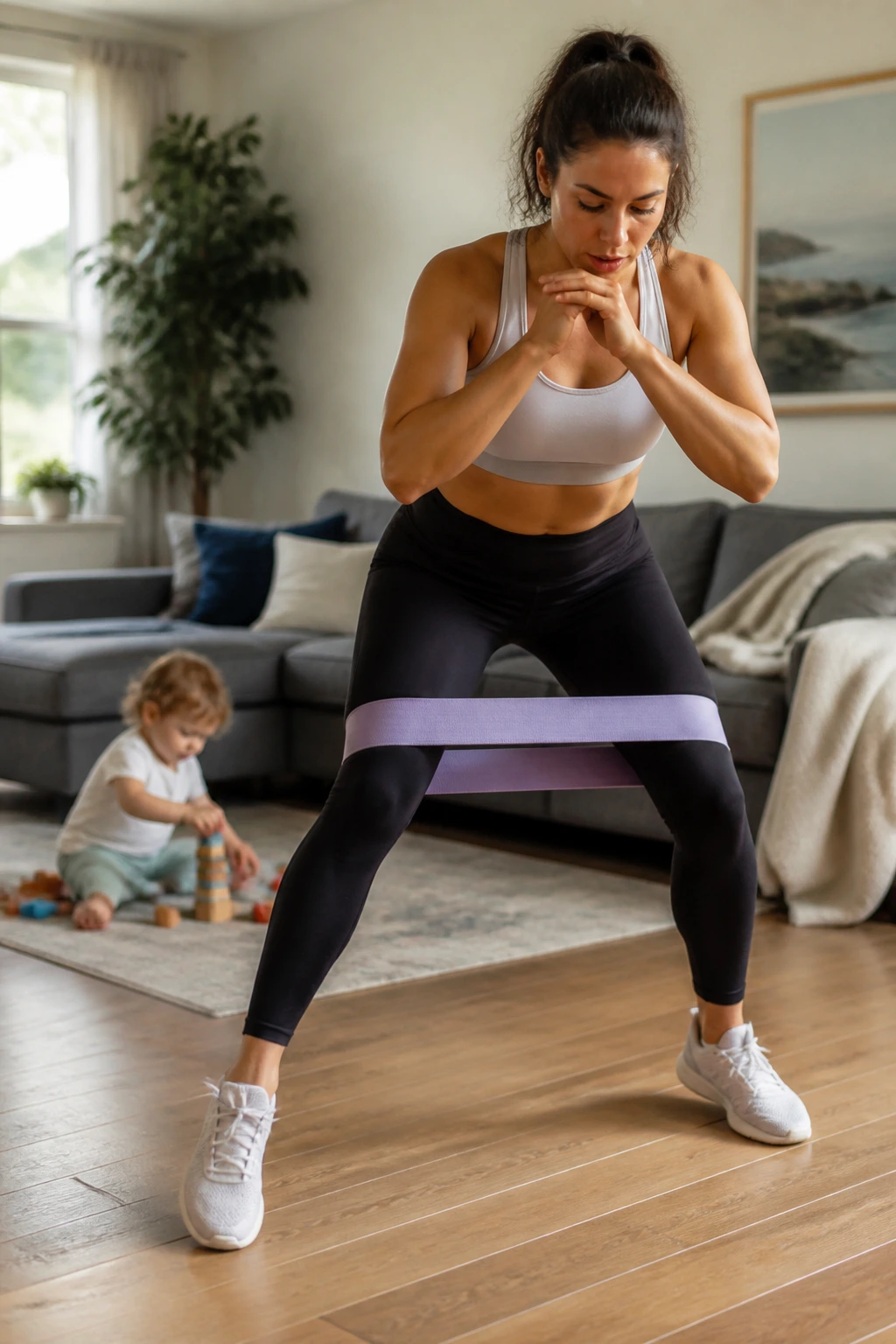 Adult with mini resistance band performing side steps in a living room, toddler blocks in background
