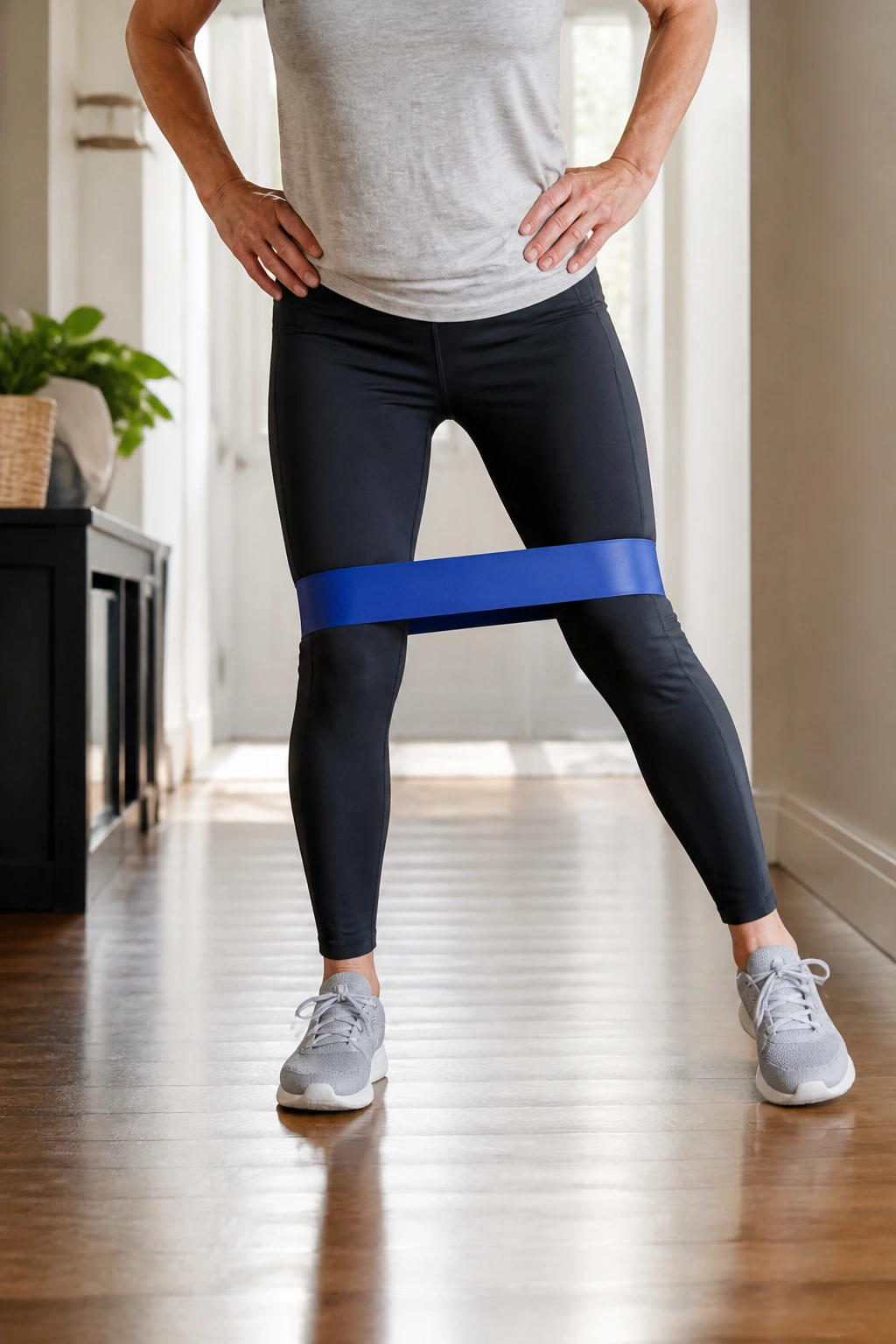Person doing mini-band side steps to improve hip stability at home.