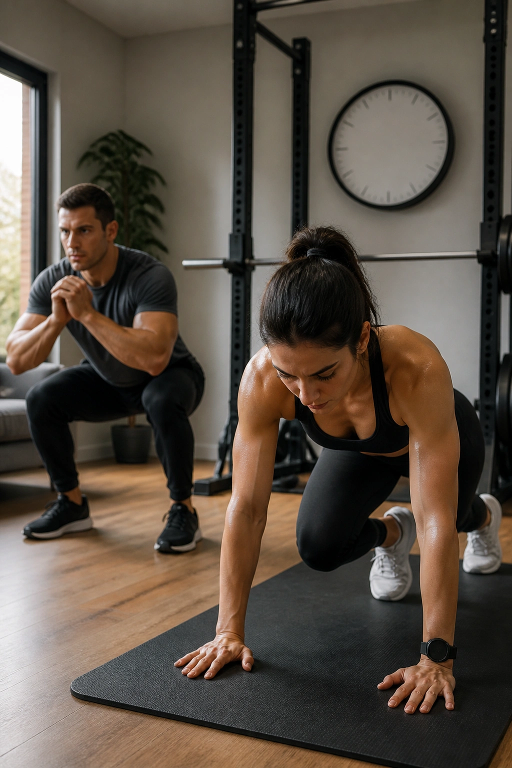 Close-up of two people performing a mini circuit in a home gym with a timer on the wall in the background