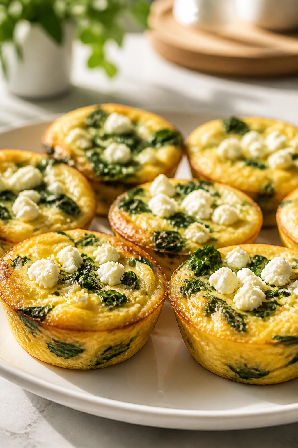 Close-up of mini frittata kale feta cups on plate in bright kitchen