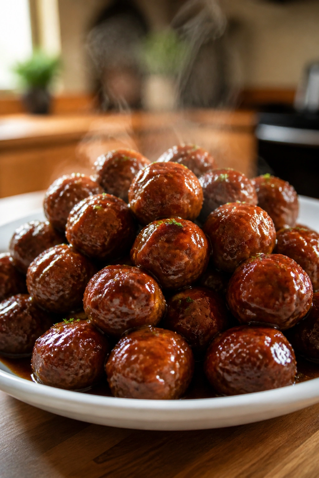 Glossy mini meatballs in a savory glaze on a plate